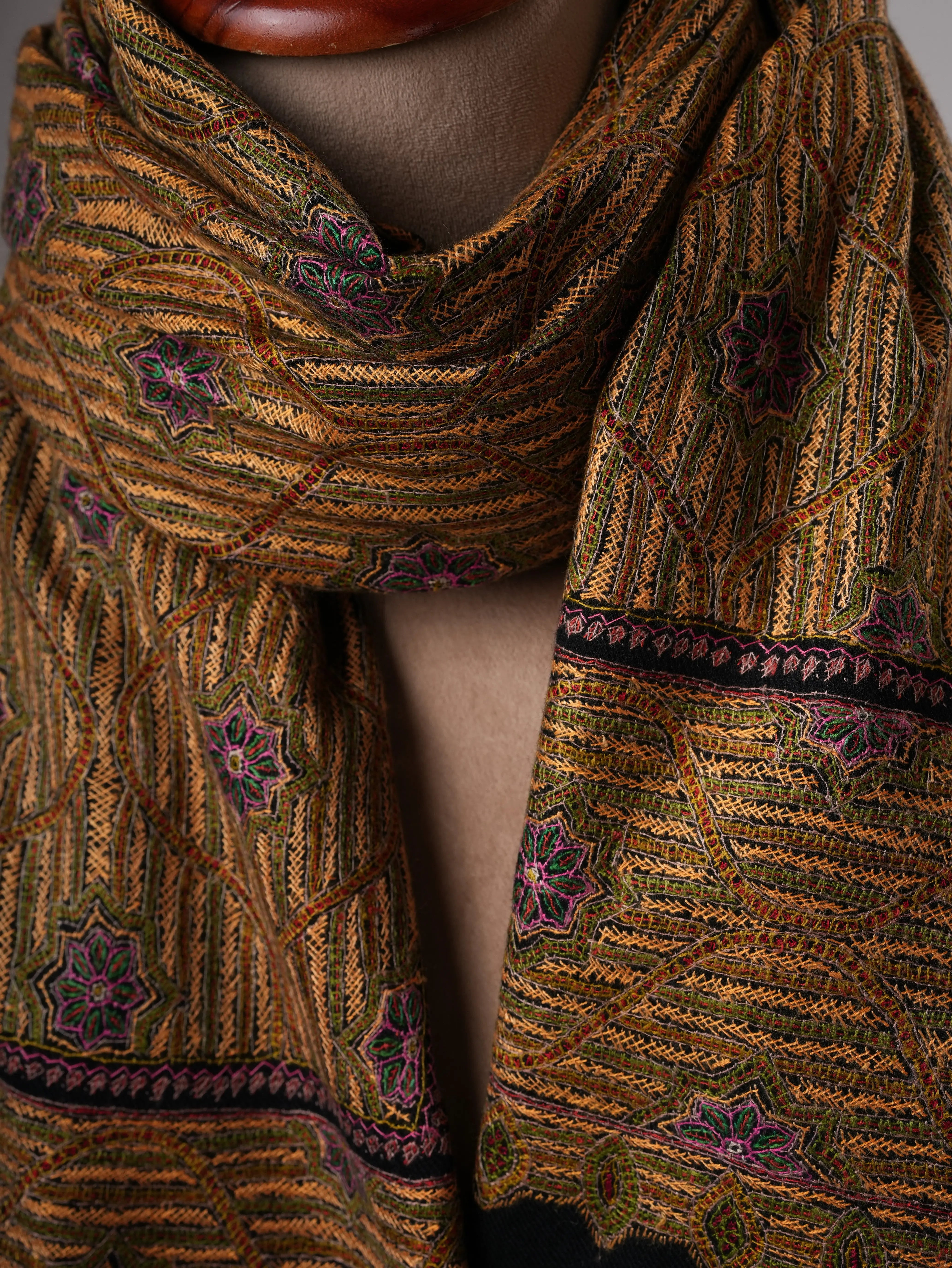 Classic Black Fine Wool Shawl with Traditional Jamavar Embroidery Shahkaar