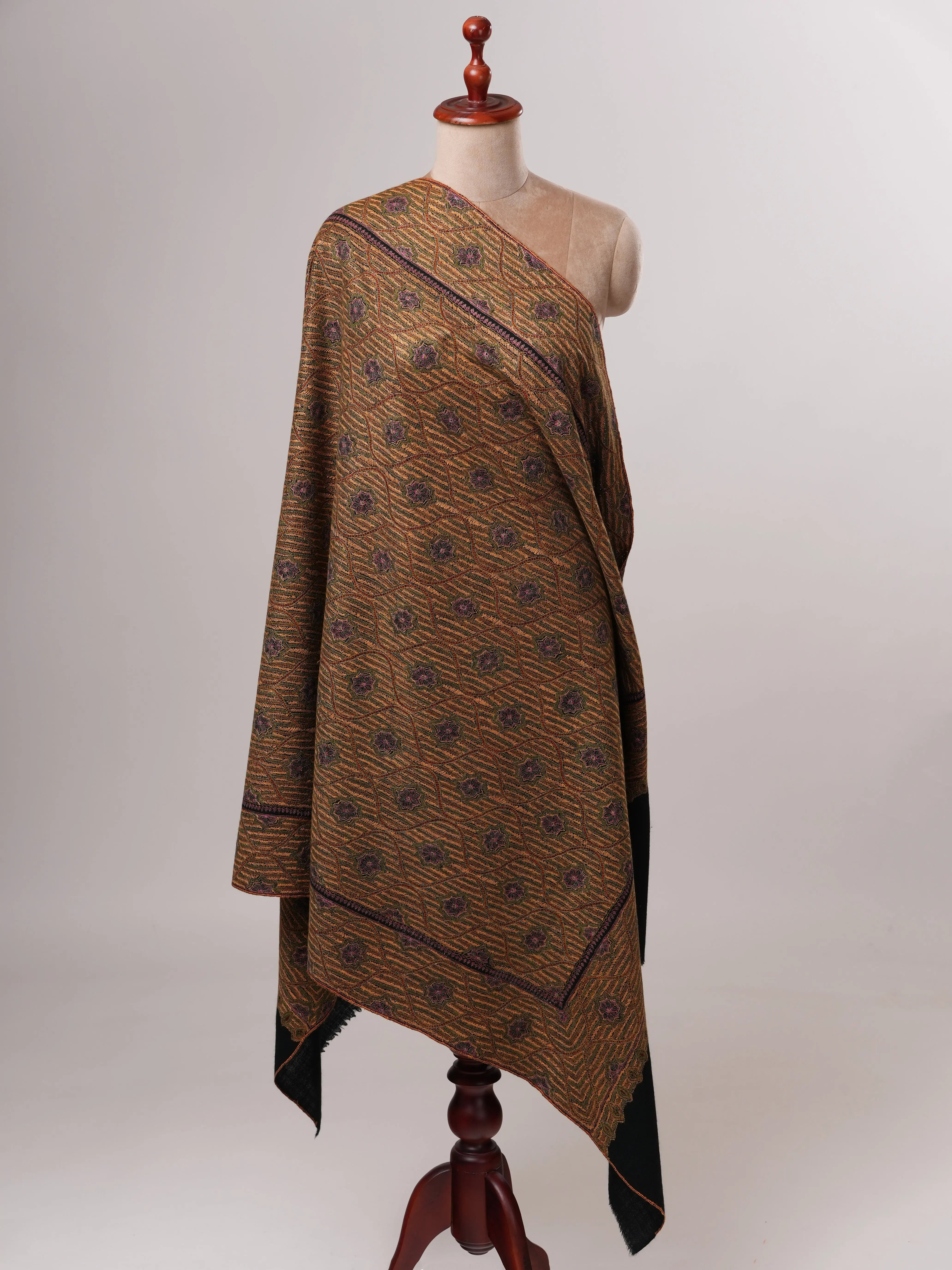 Classic Black Fine Wool Shawl with Traditional Jamavar Embroidery Shahkaar