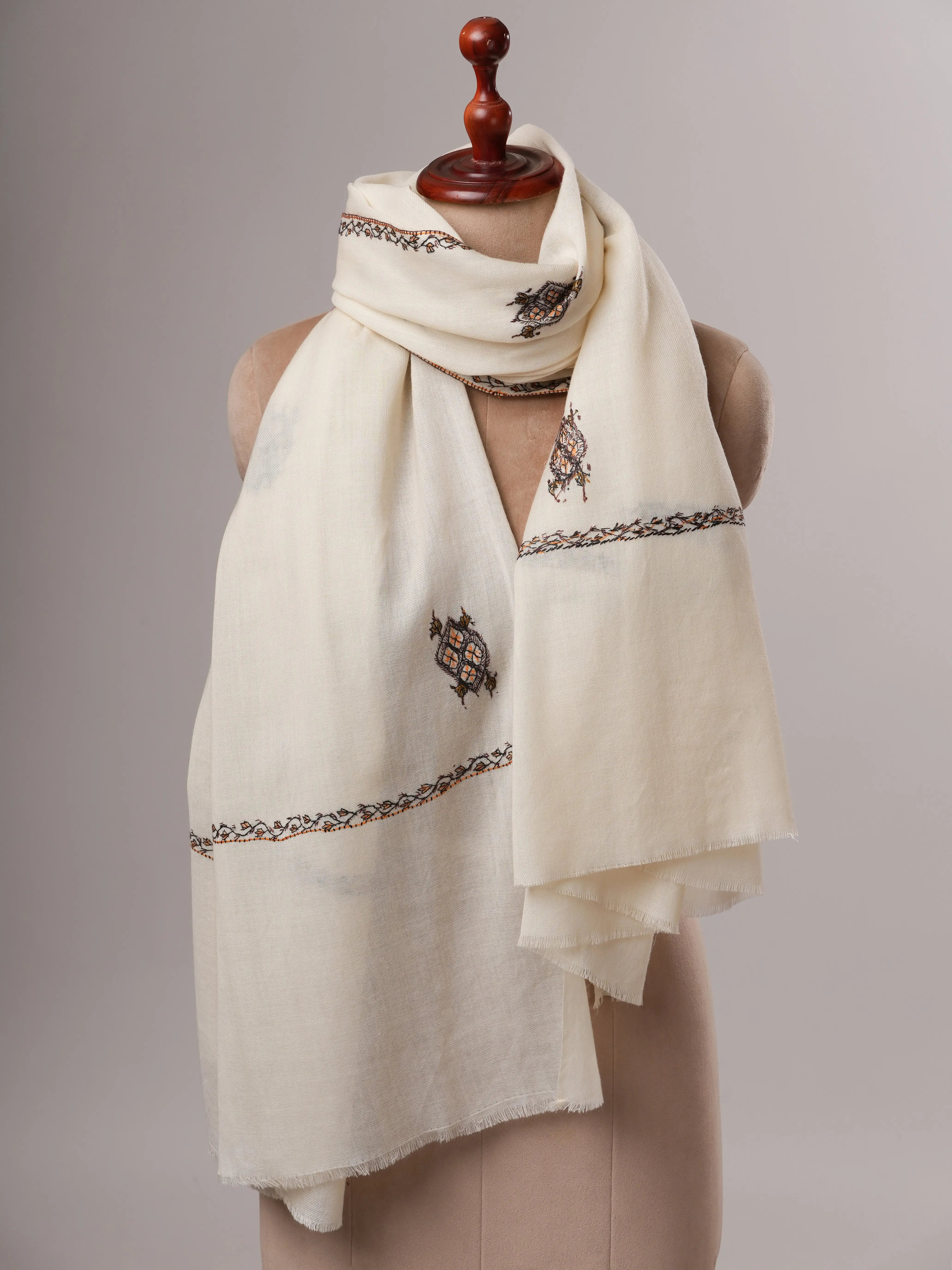 Handcrafted White Fine Wool Shawl with Delicate Buteh Embroidery Shahkaar