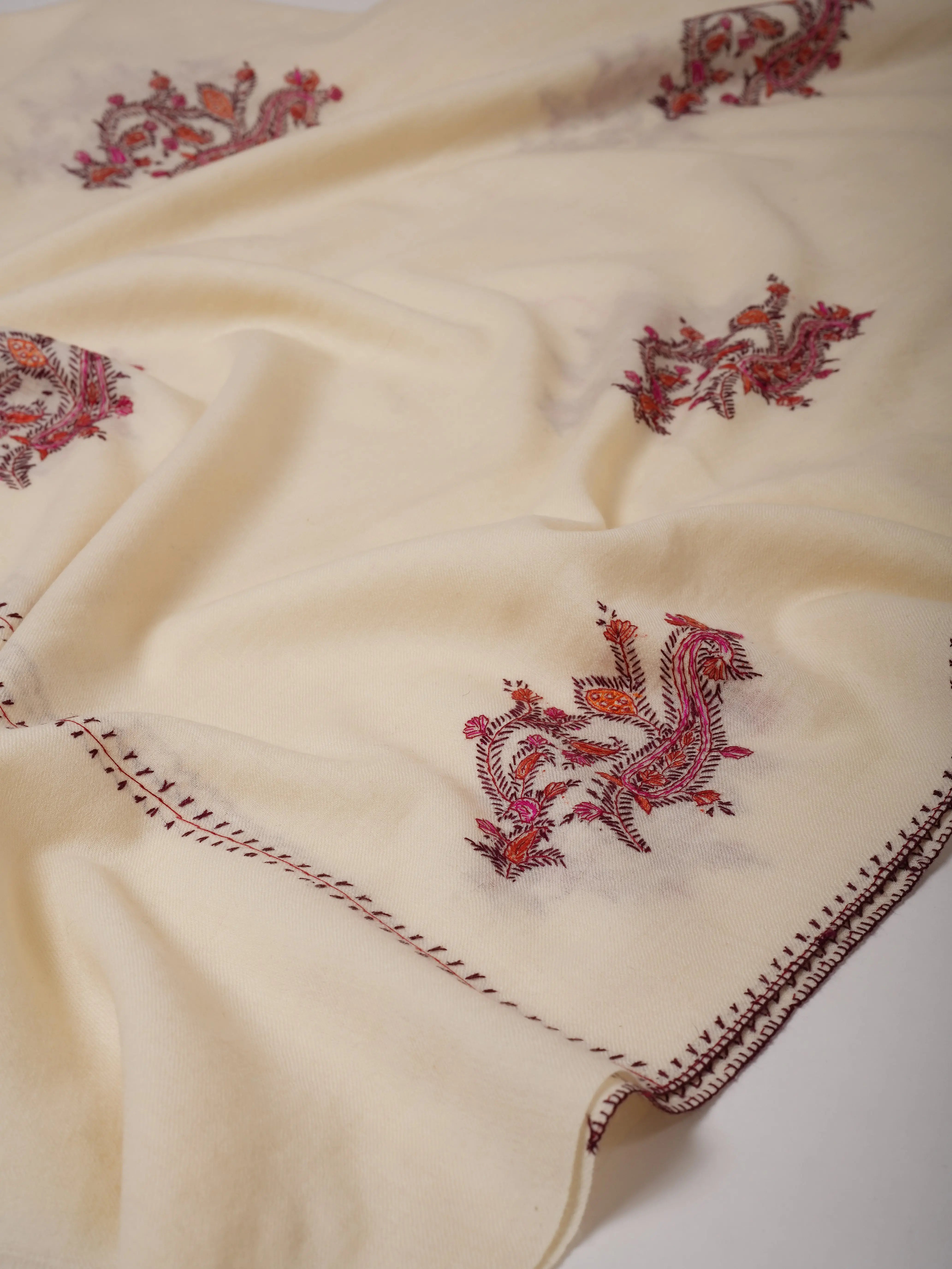 Handcrafted Ivory Wool Shawl with Delicate Buteh Embroidery Shahkaar