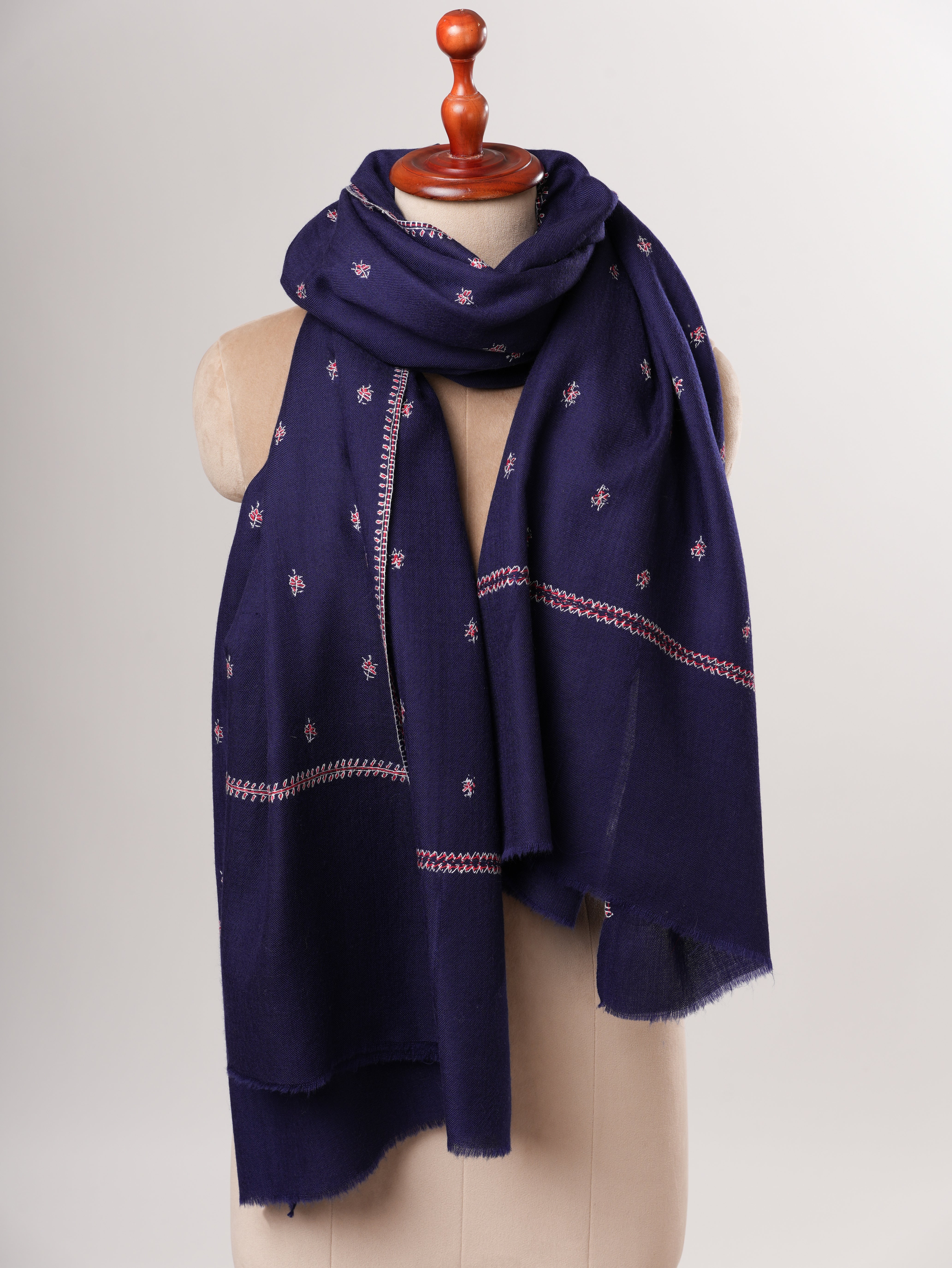 Dark Blue Buteh Embroidered Fine Wool Kashmiri Shawl – Handcrafted Luxury Wrap Shahkaar