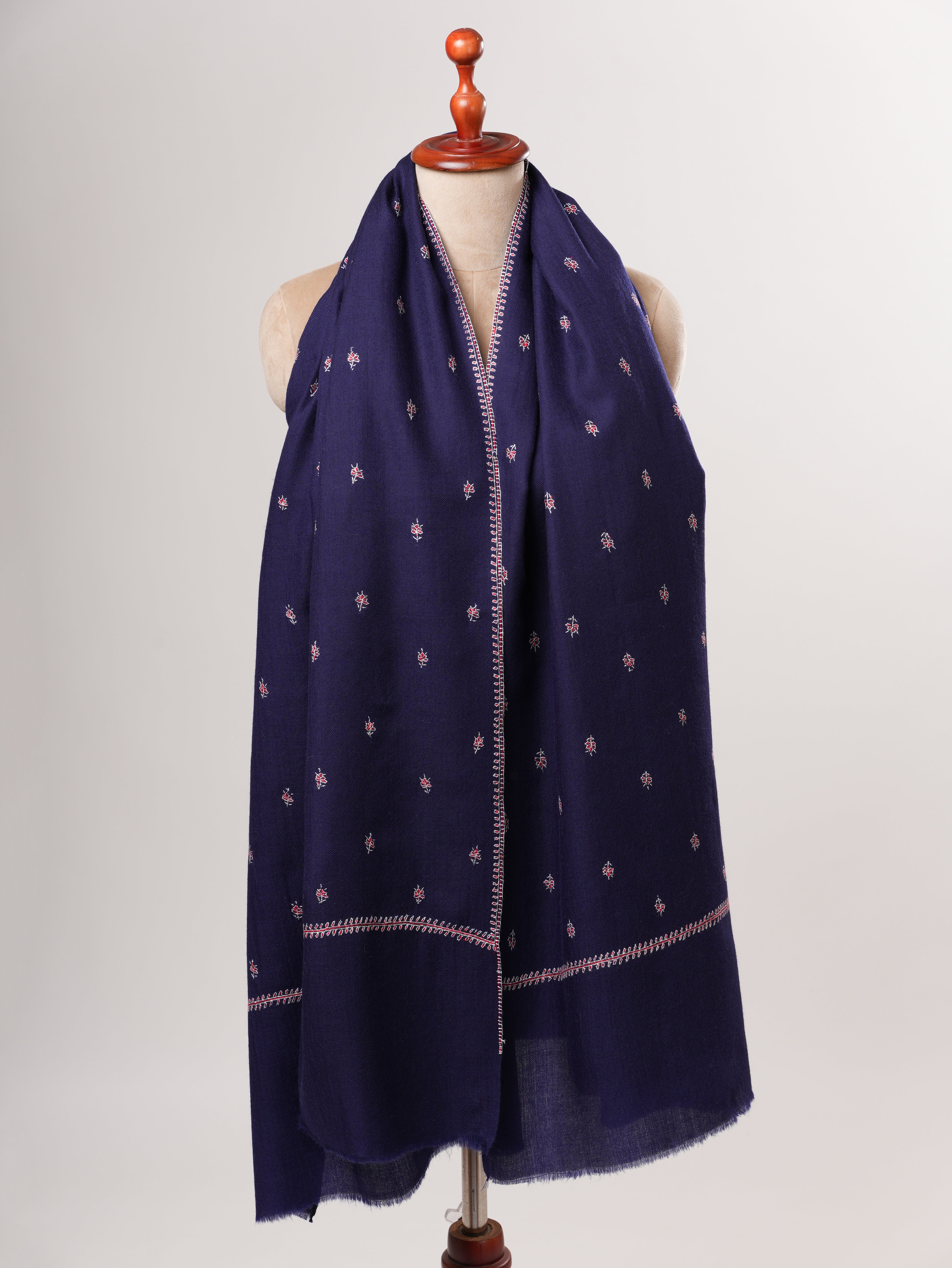 Dark Blue Buteh Embroidered Fine Wool Kashmiri Shawl – Handcrafted Luxury Wrap Shahkaar