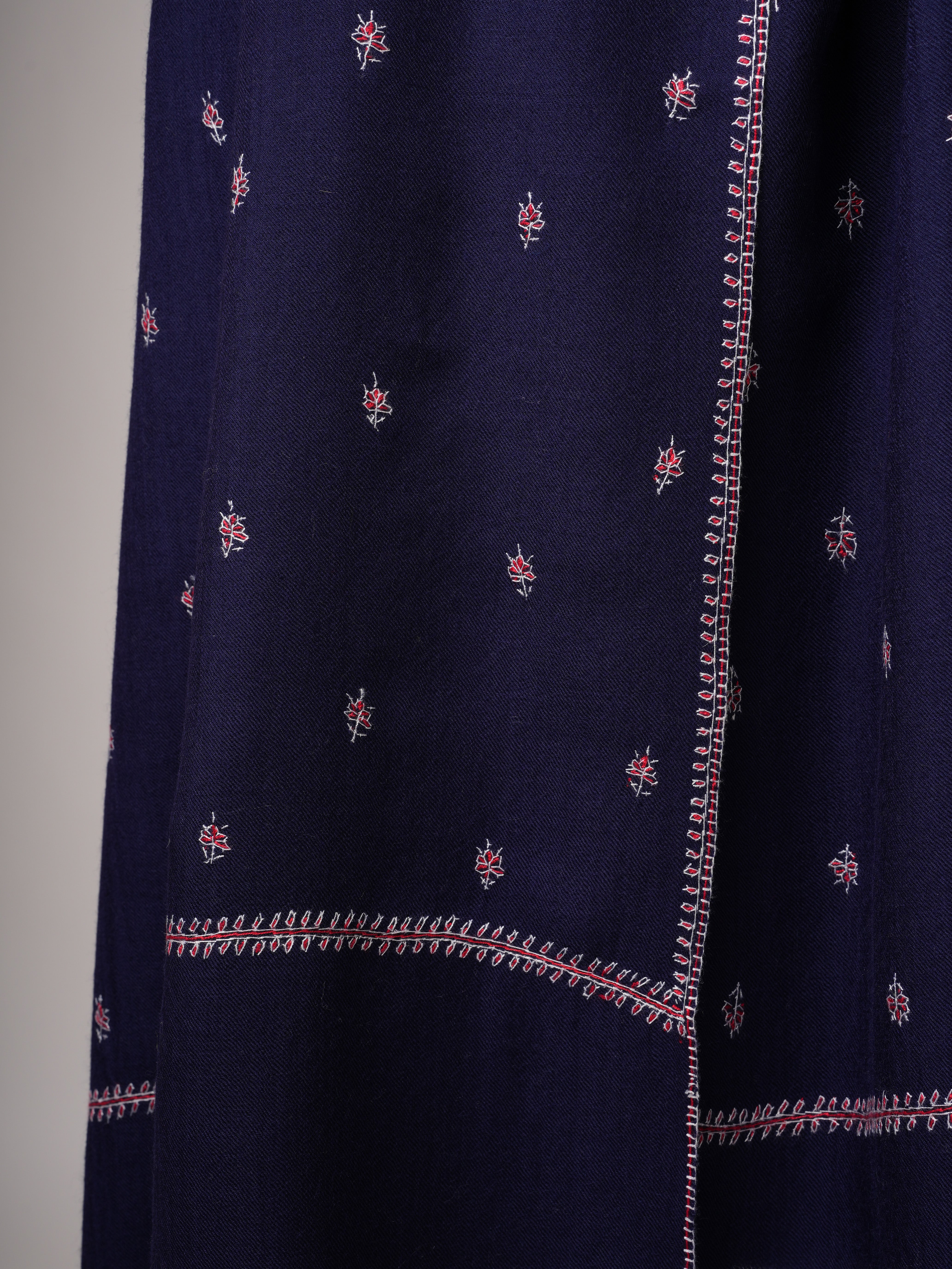 Dark Blue Buteh Embroidered Fine Wool Kashmiri Shawl – Handcrafted Luxury Wrap Shahkaar