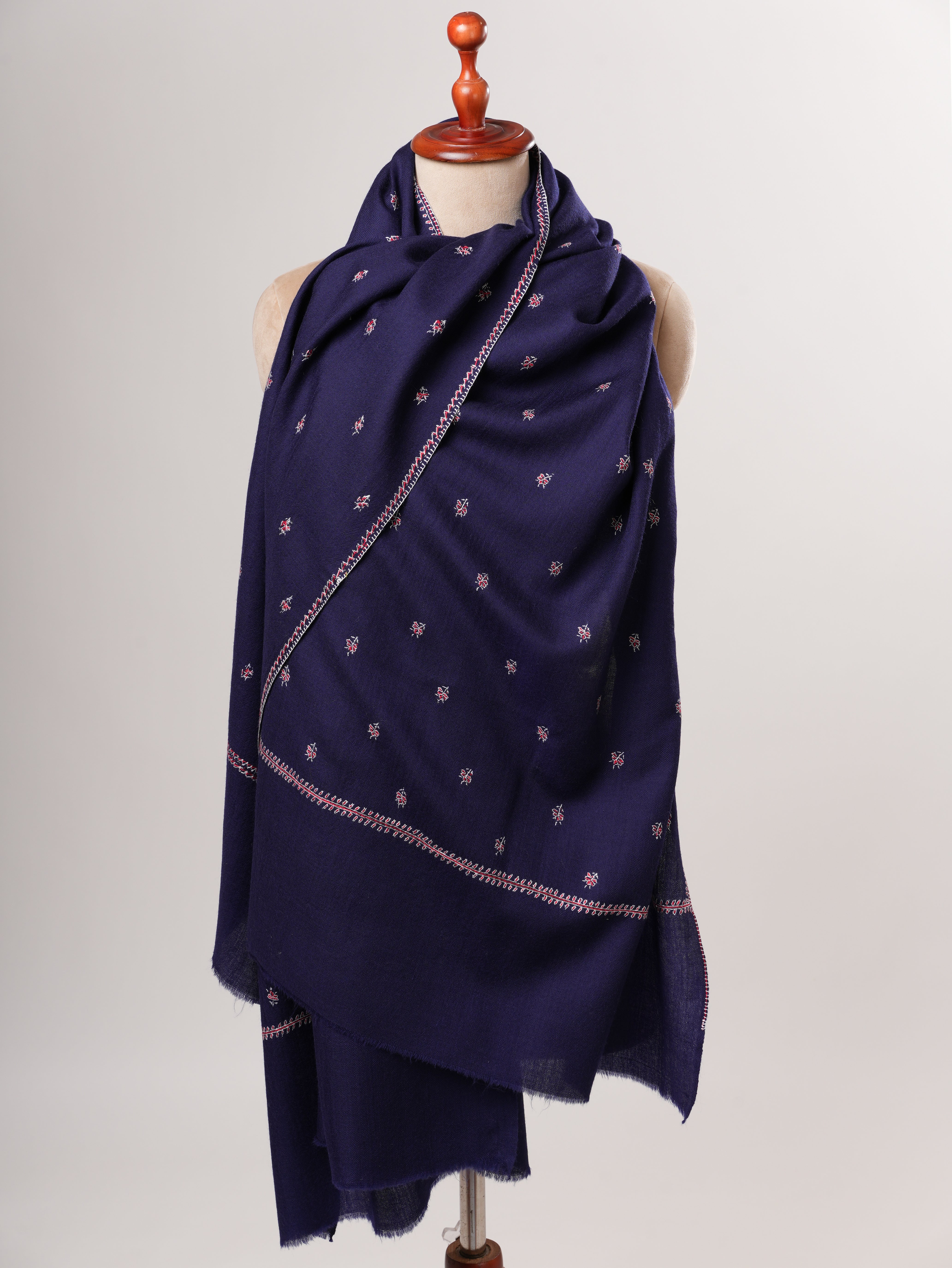 Dark Blue Buteh Embroidered Fine Wool Kashmiri Shawl – Handcrafted Luxury Wrap Shahkaar