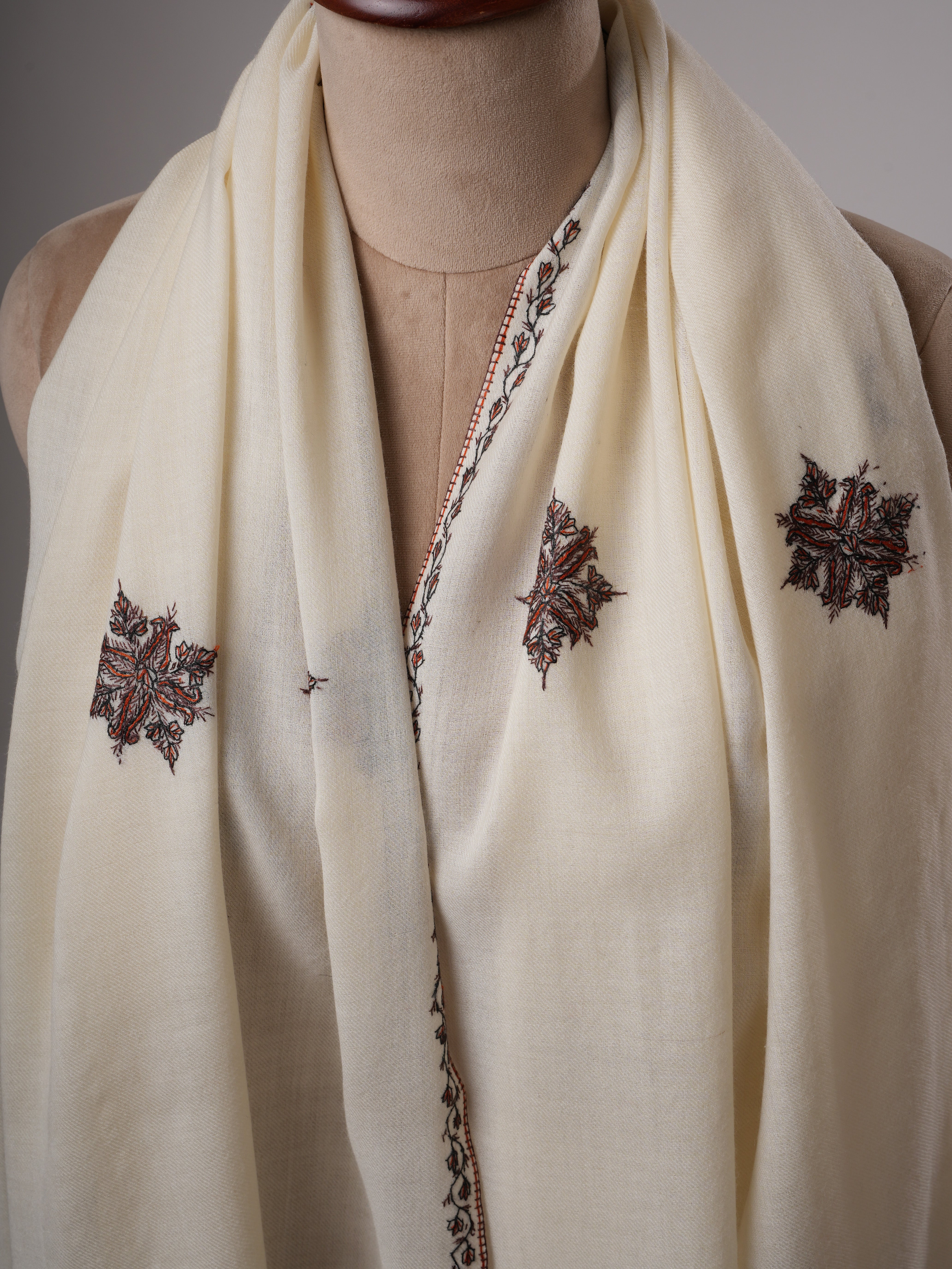 White Buteh Embroidered Kashmiri Fine Wool Shawl – Handcrafted Wrap Shahkaar