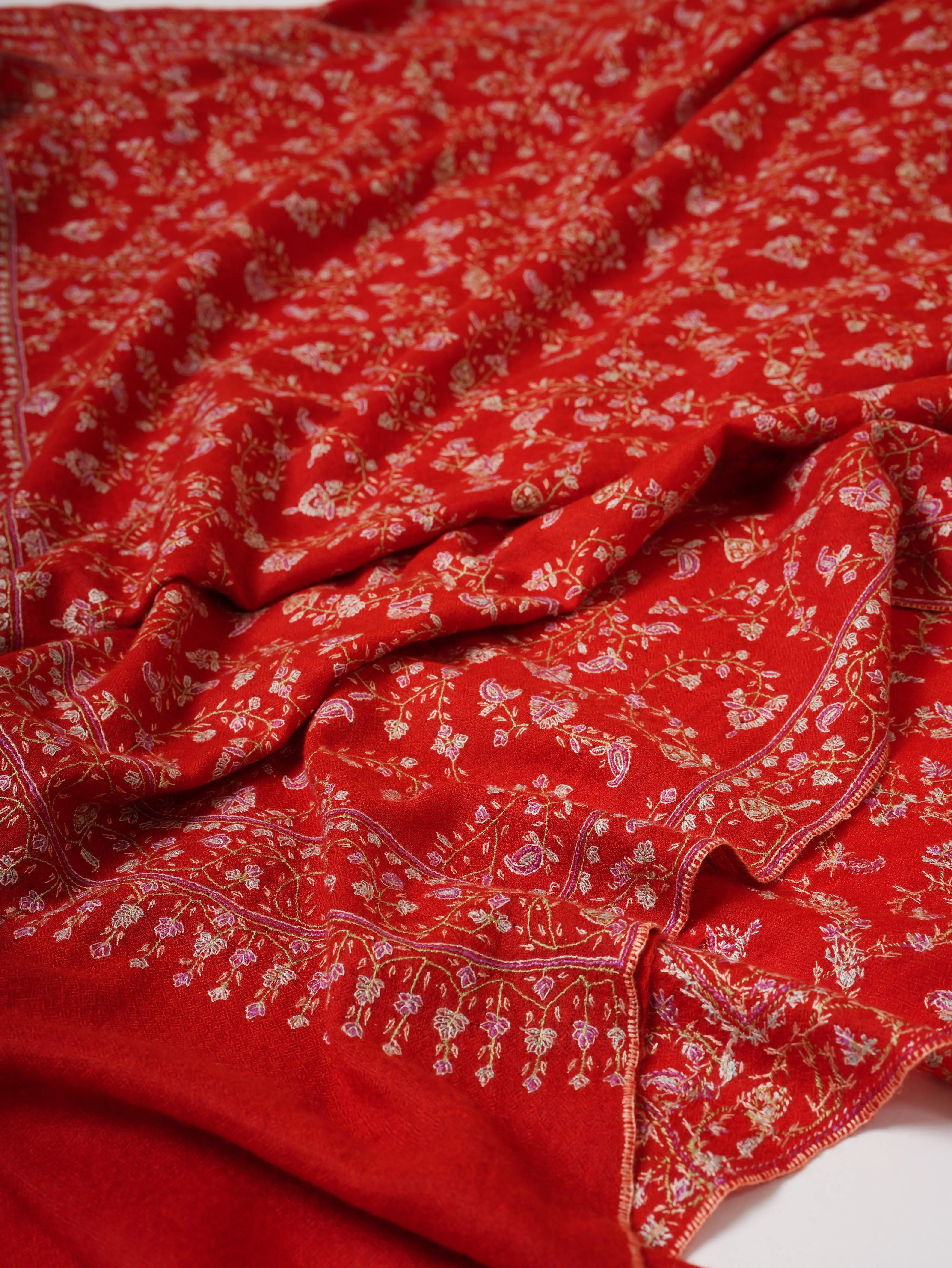 Red Orange Hand Embroidered Jali Pashmina Shawl Shahkaar