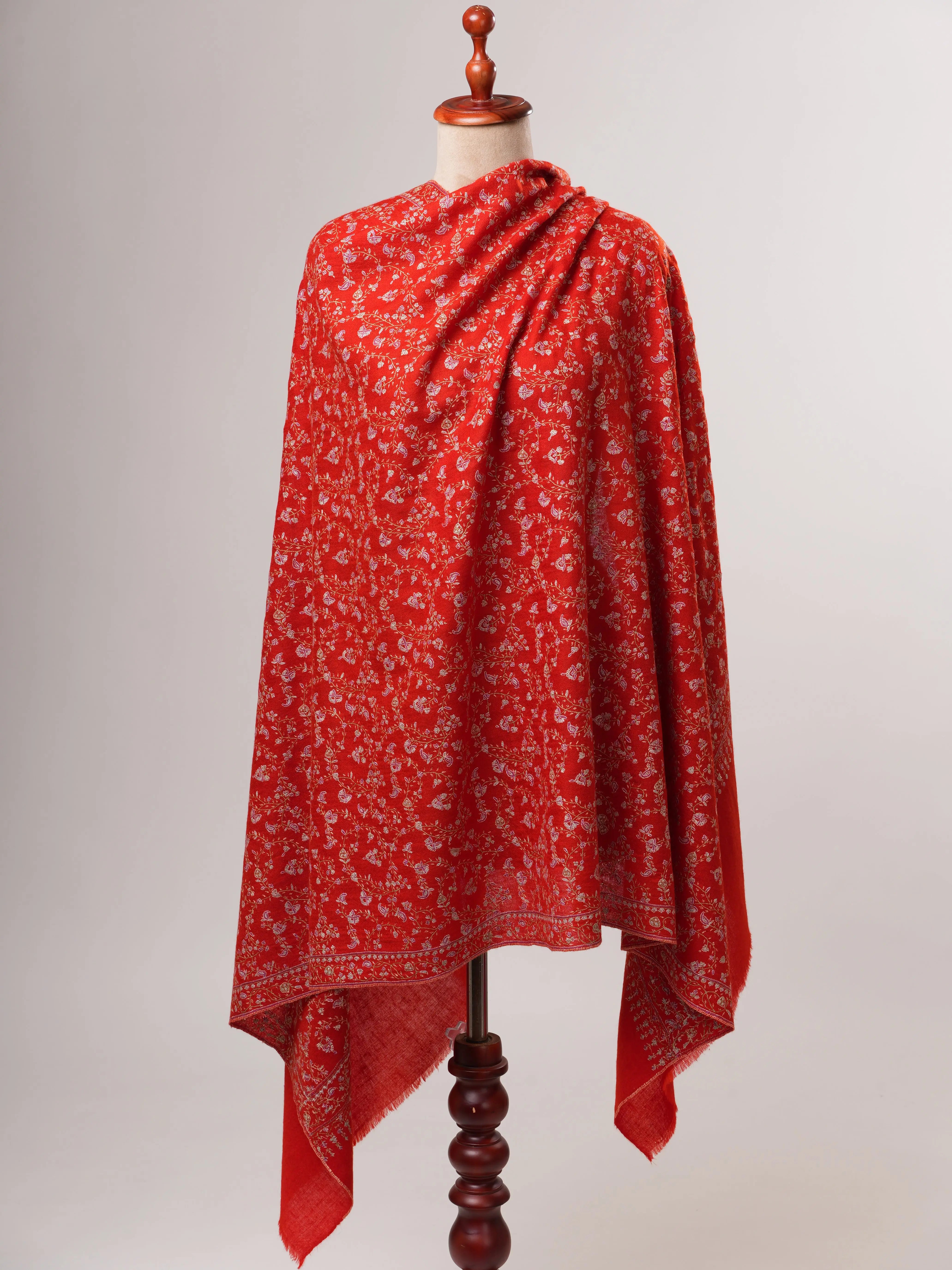 Red Orange Hand Embroidered Jali Pashmina Shawl Shahkaar