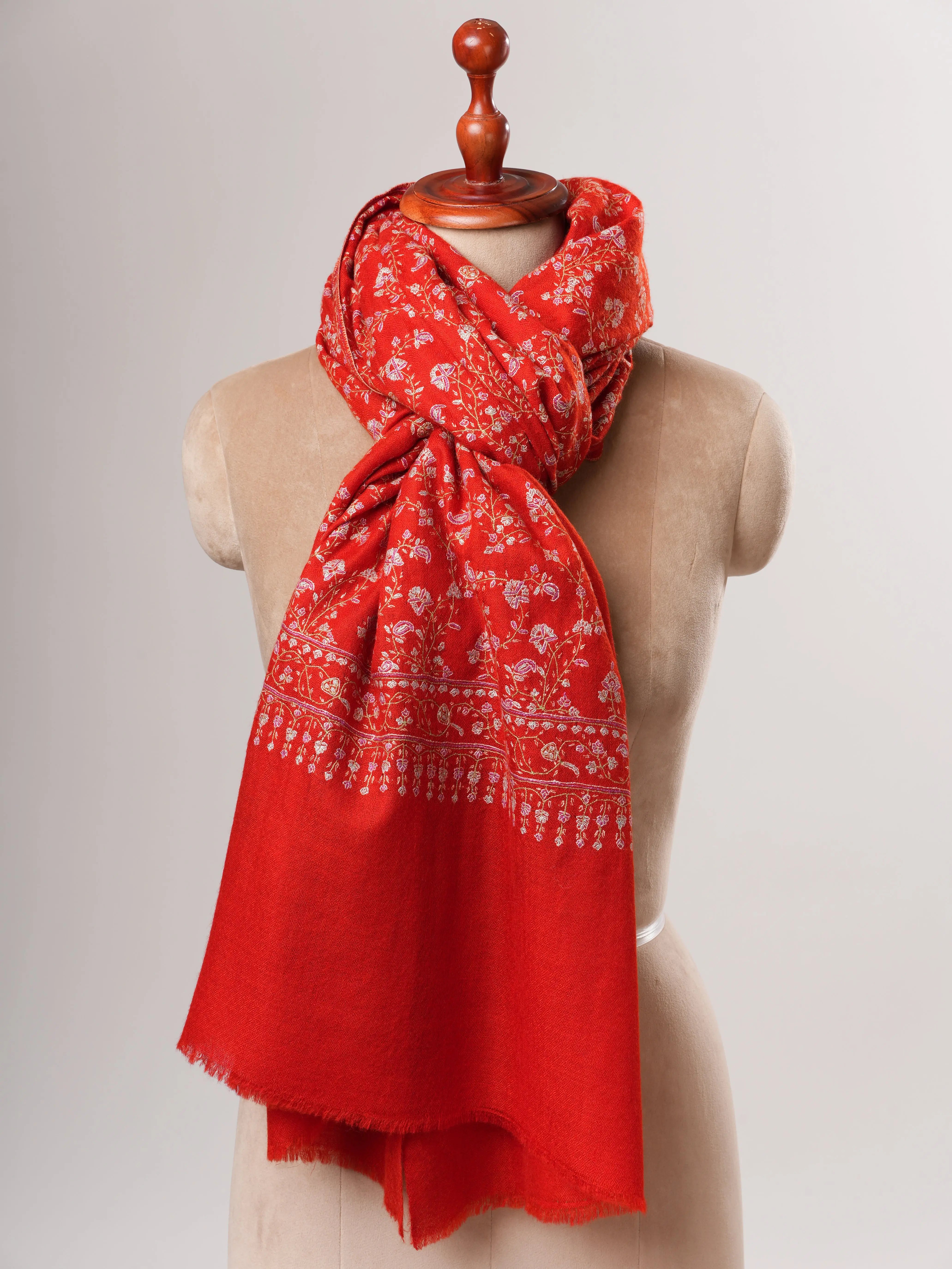 Red Orange Hand Embroidered Jali Pashmina Shawl Shahkaar