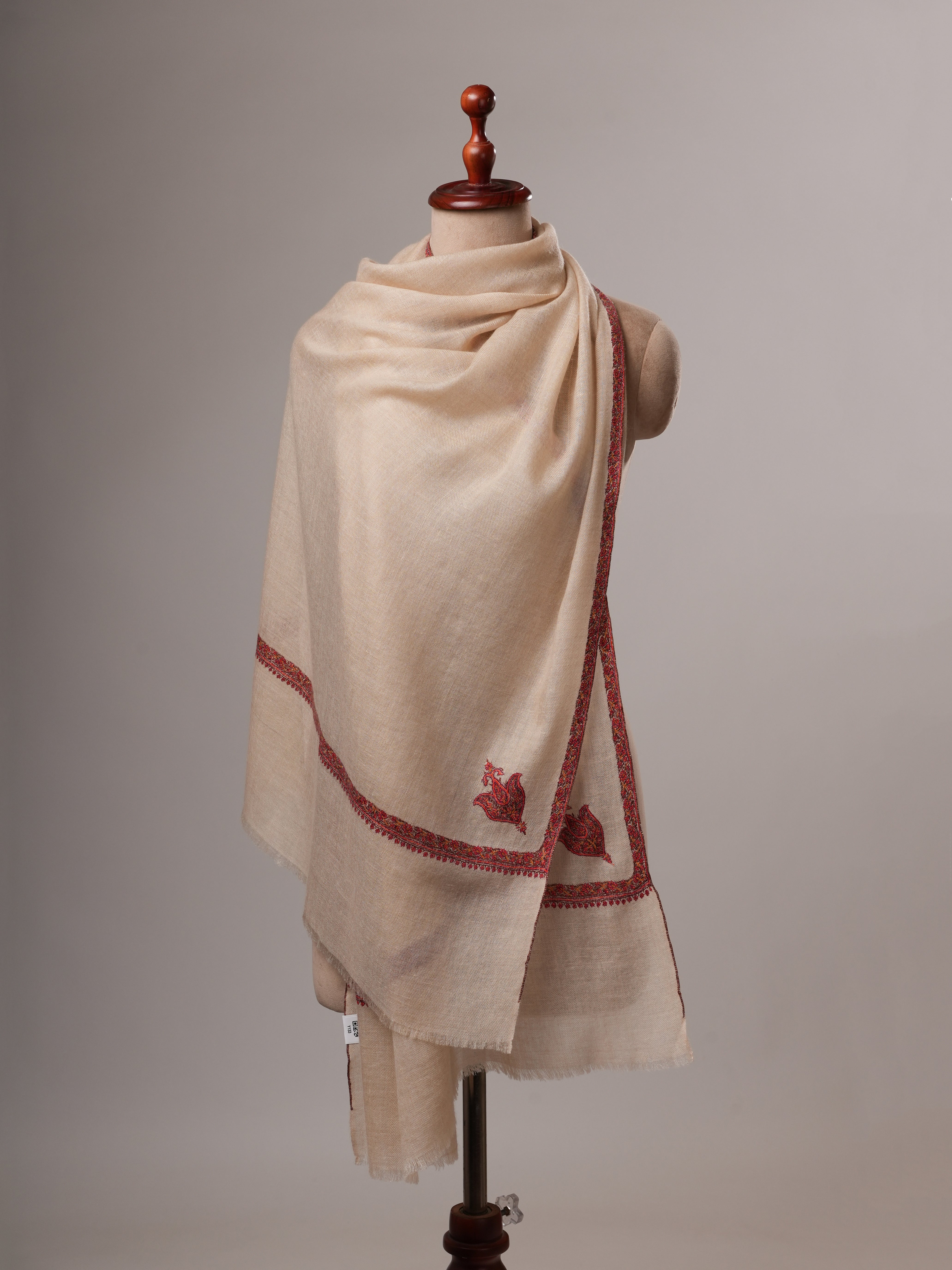 Natural White Cashmere Scarf with Traditional Hashia Hand Embroidery Shahkaar