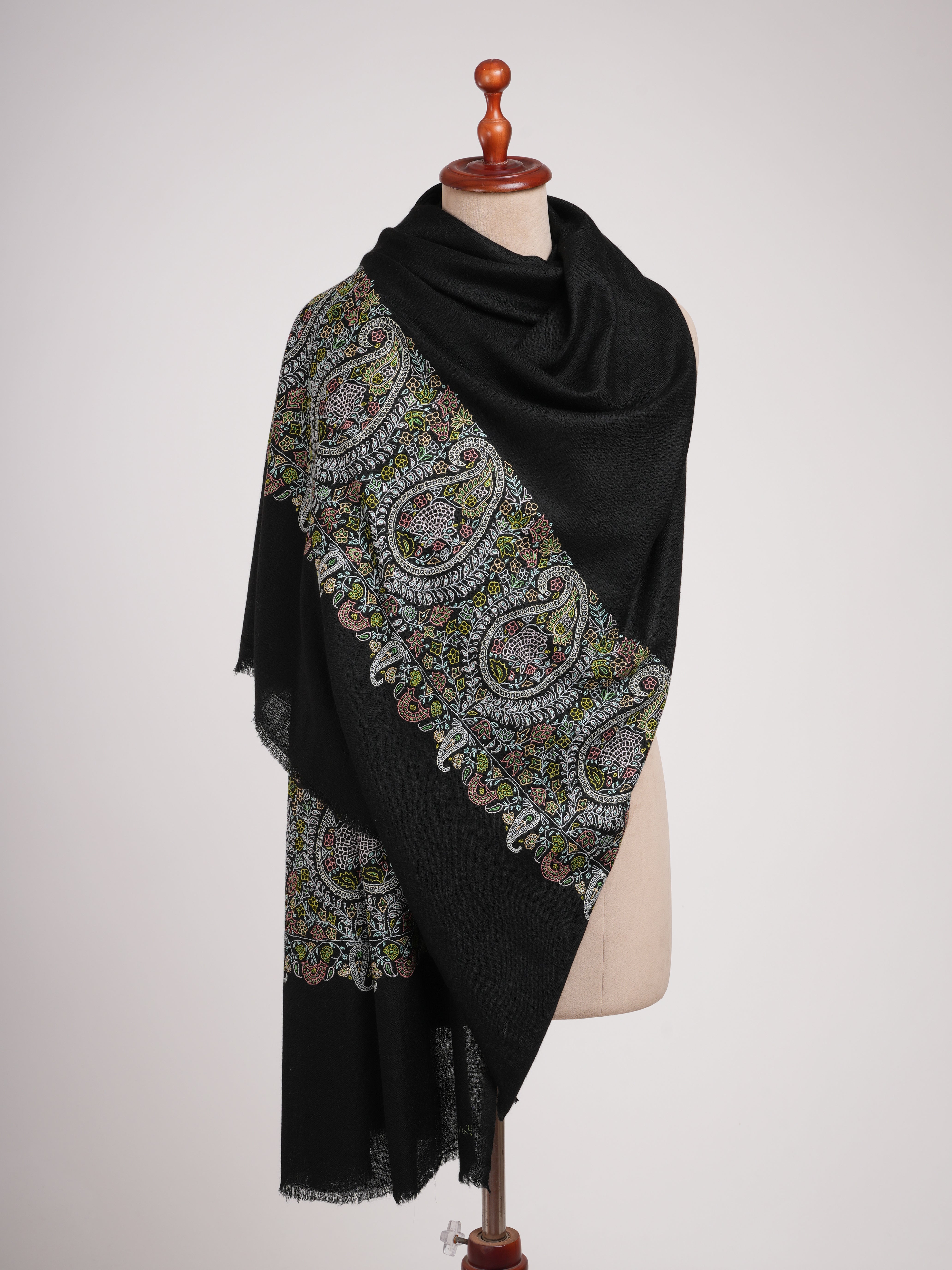 Palla Embroidered Jet black Pashmina Shawl