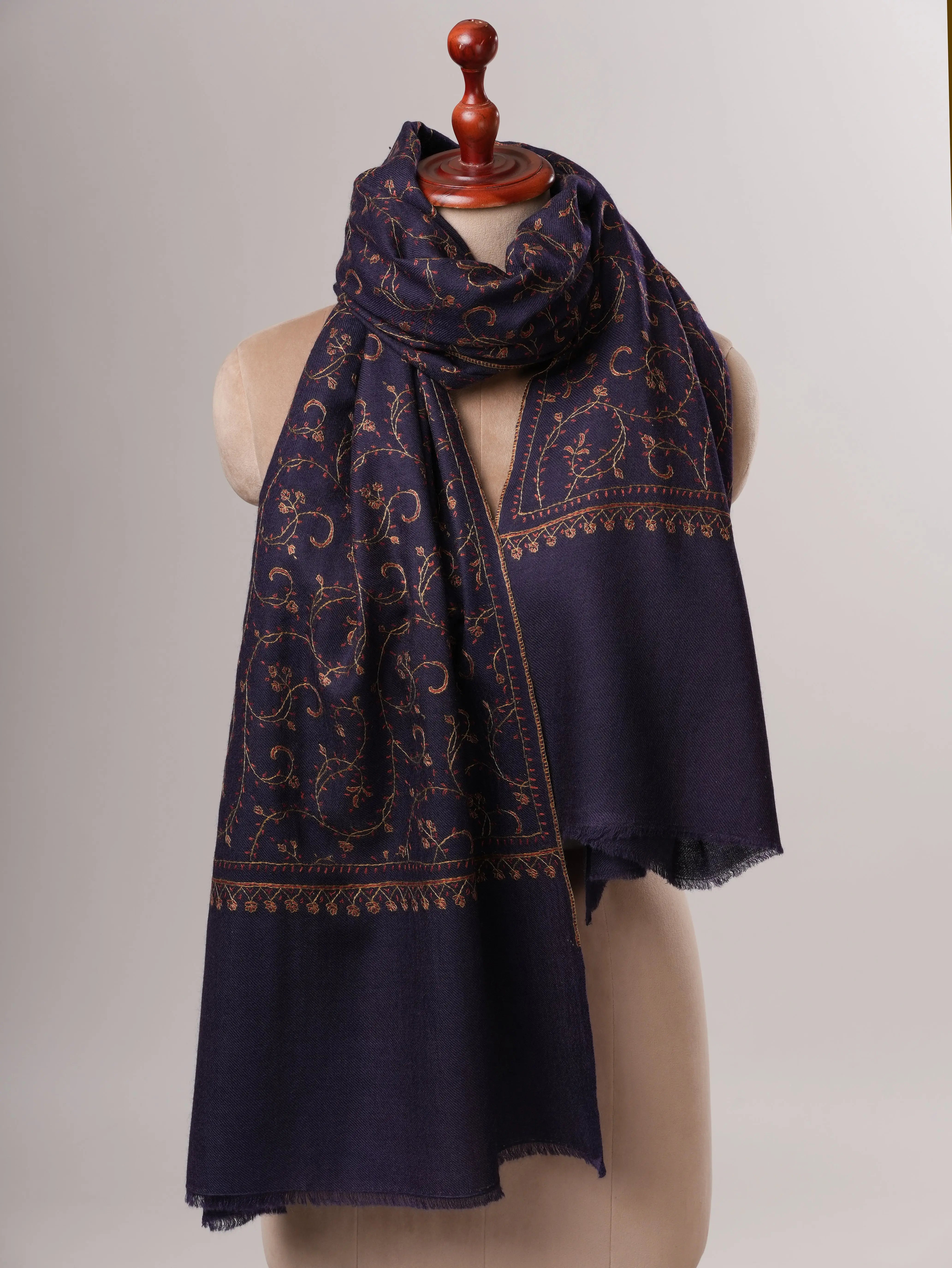 Dark Blue Fine Silk Wool Shawl with Handcrafted Jali Embroidery Shahkaar