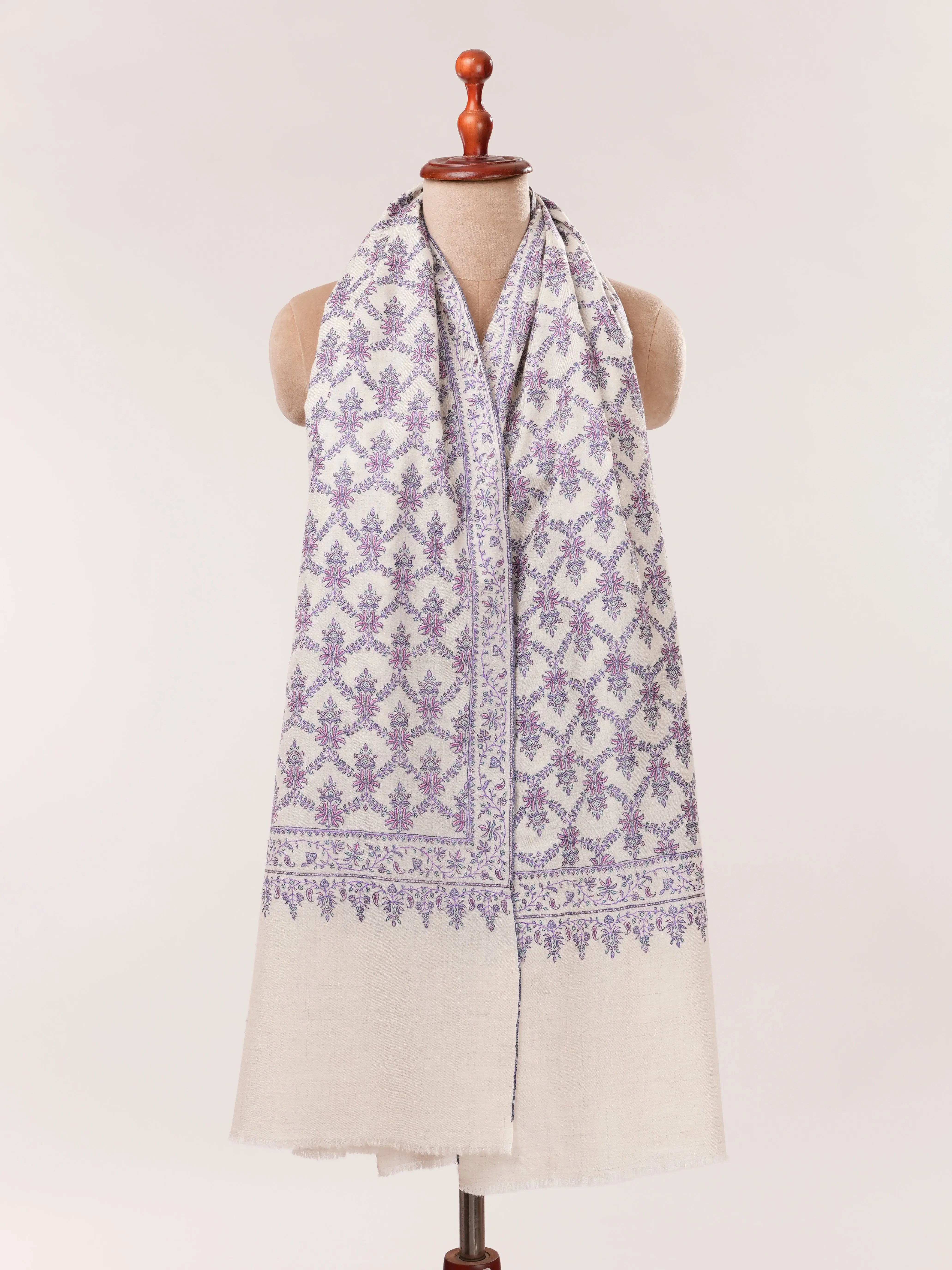 Off White Silk Embroidered Pure Pashmina Neem Jamavar Shawl Shahkaar.com