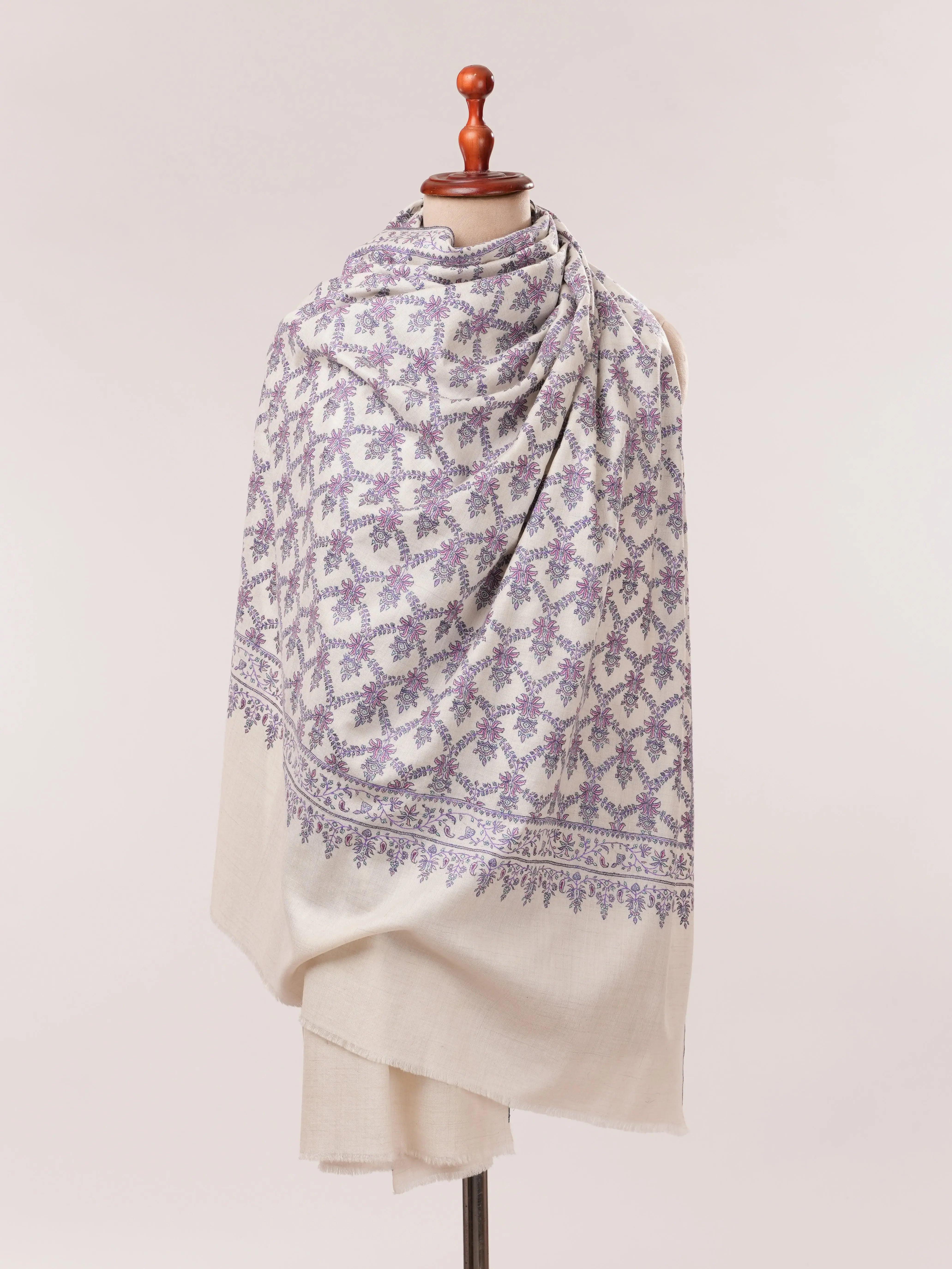 Off White Silk Embroidered Pure Pashmina Neem Jamavar Shawl Shahkaar.com