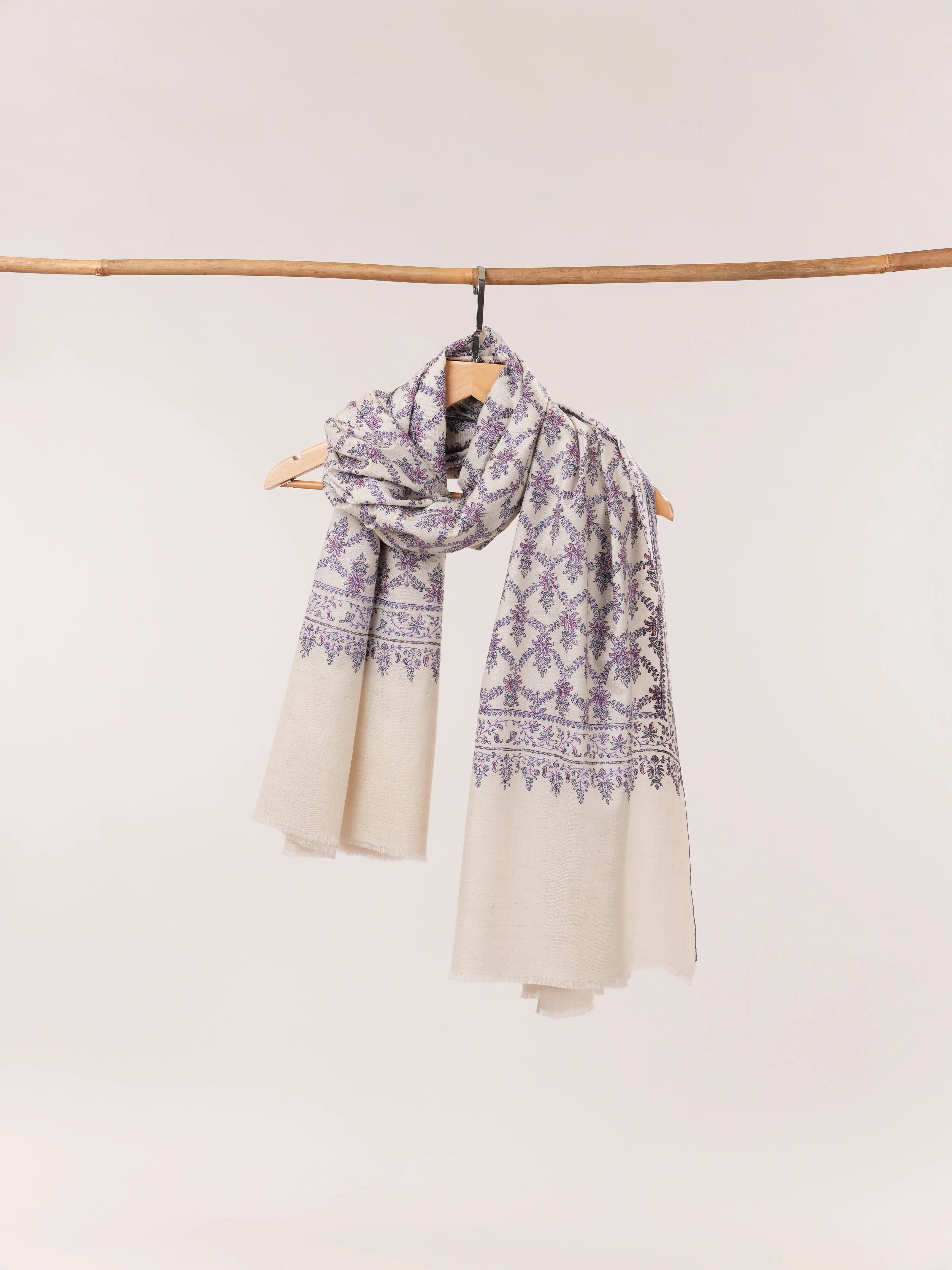 Off White Silk Embroidered Pure Pashmina Neem Jamavar Shawl Shahkaar.com