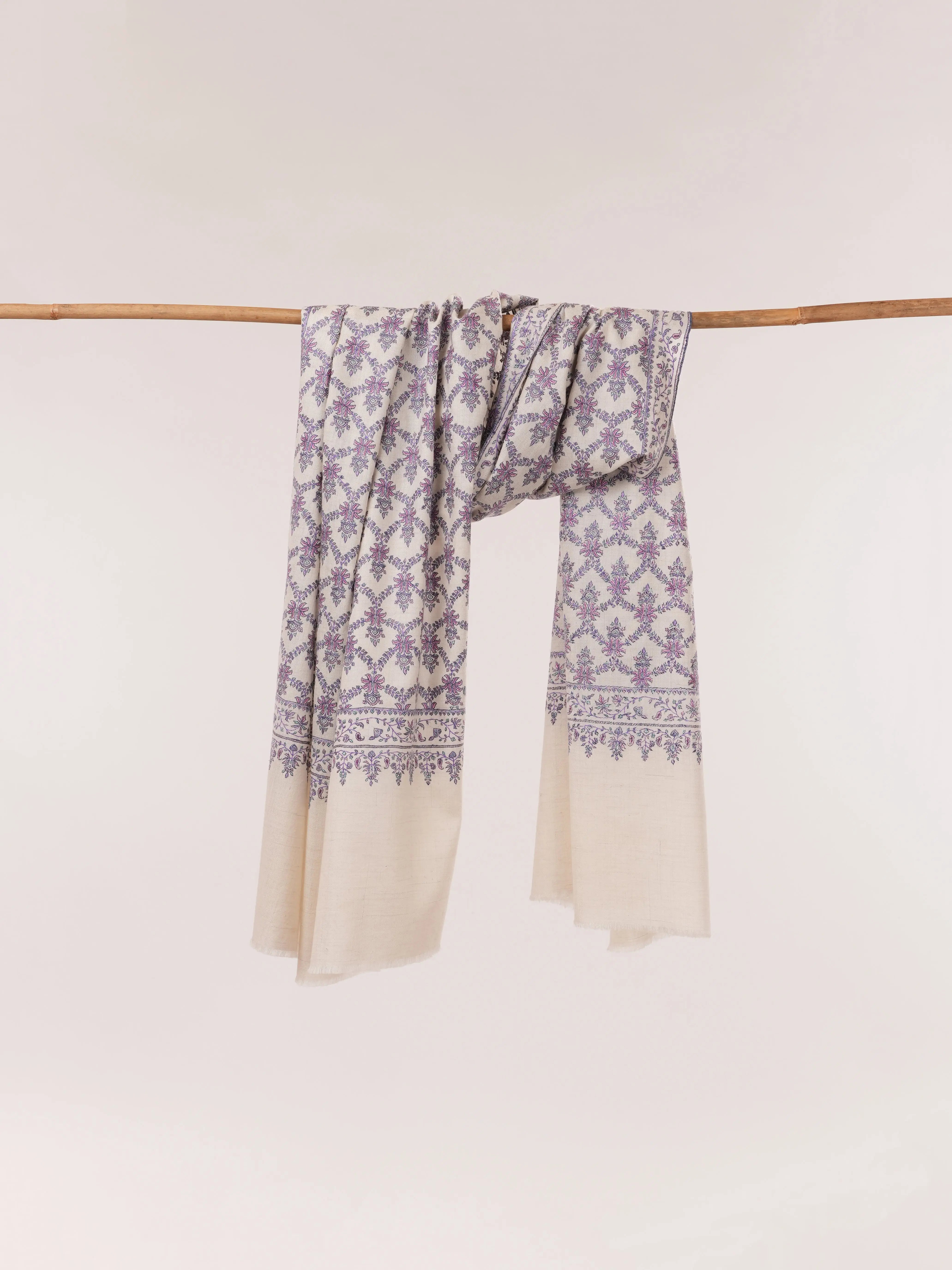 Off White Silk Embroidered Pure Pashmina Neem Jamavar Shawl Shahkaar.com
