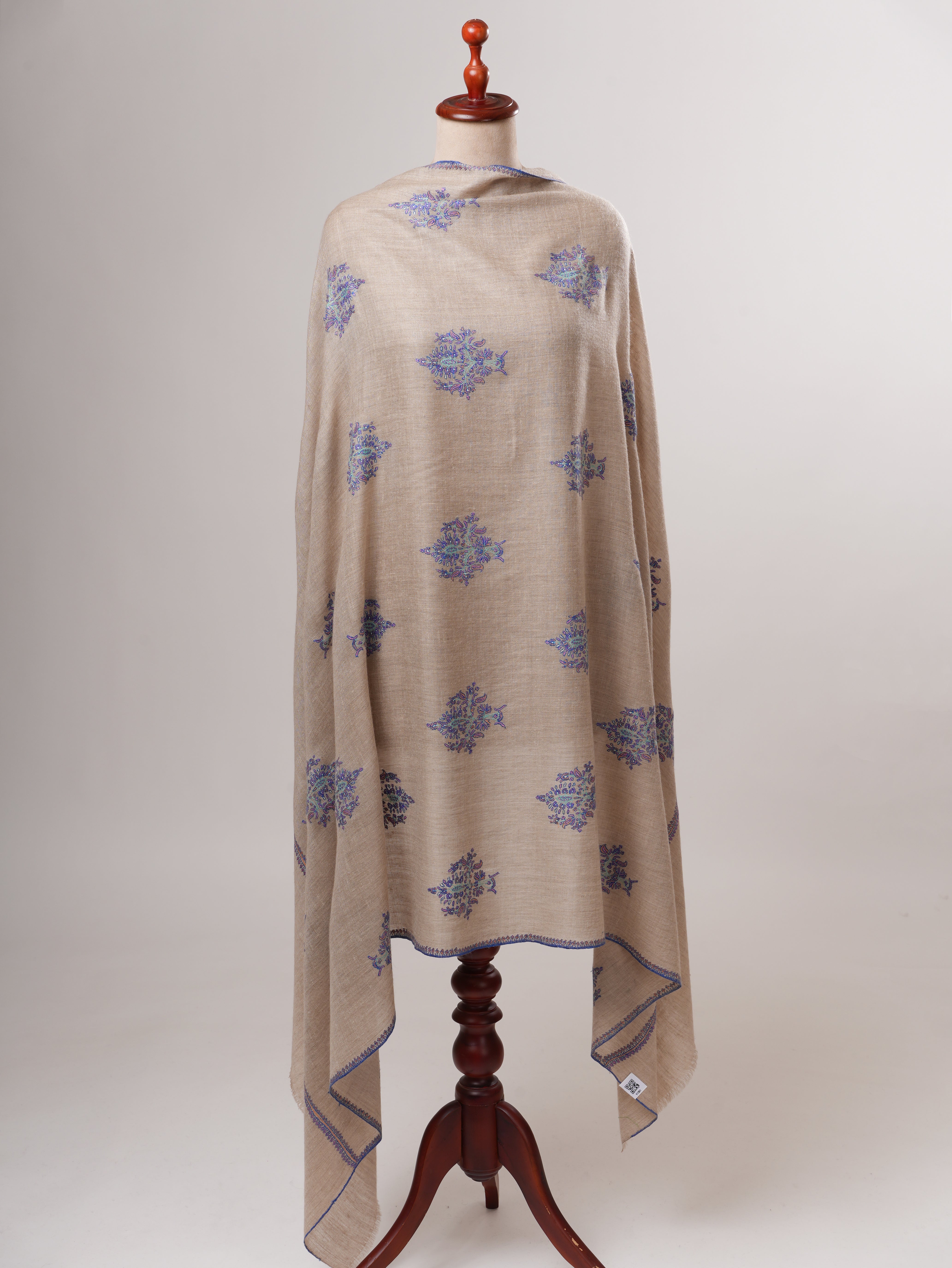 Natural Grey Handwoven Soft Pashmina Shawl with Buteh Embroidery Shahkaar