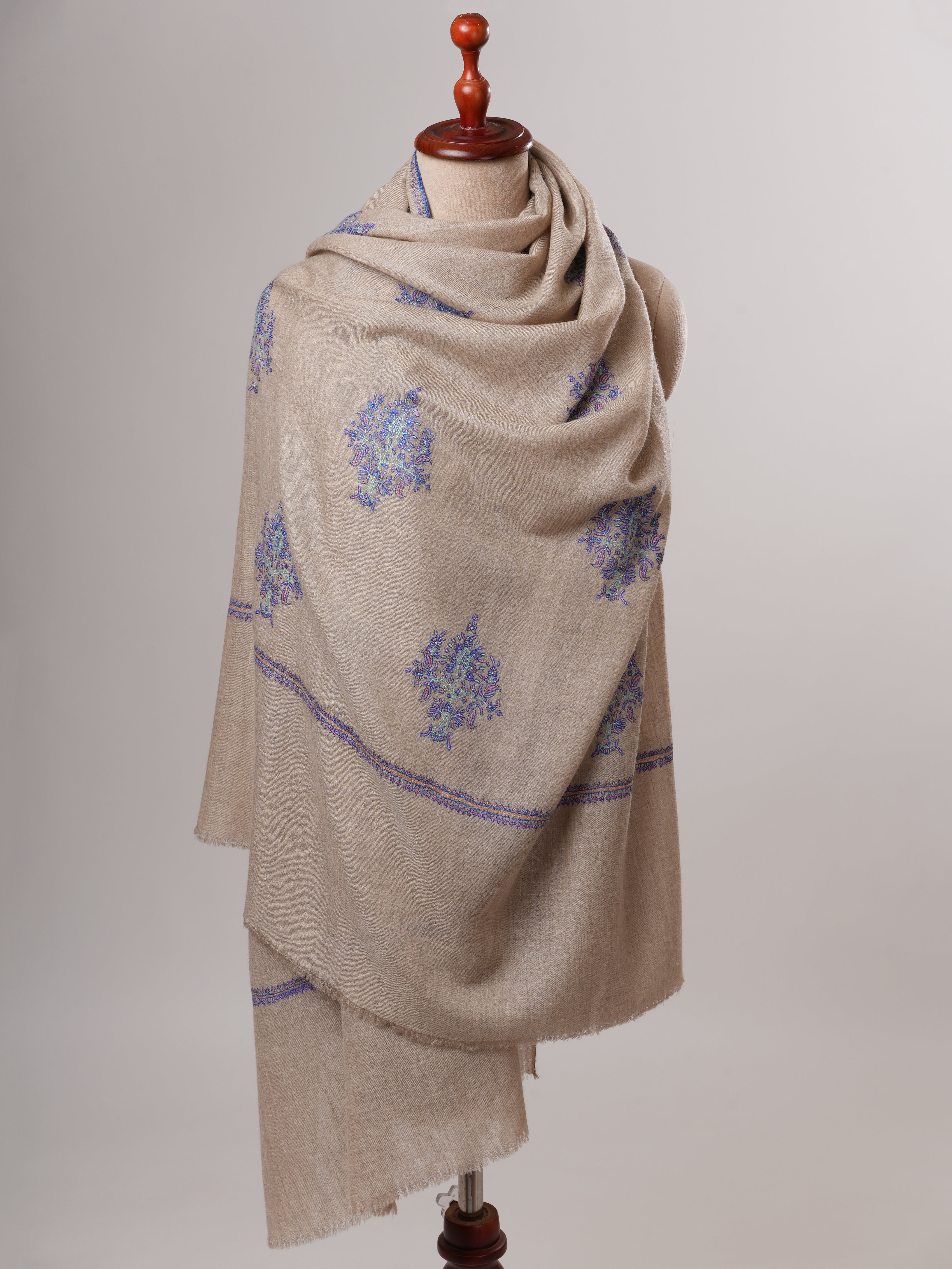 Natural Grey Handwoven Soft Pashmina Shawl with Buteh Embroidery Shahkaar