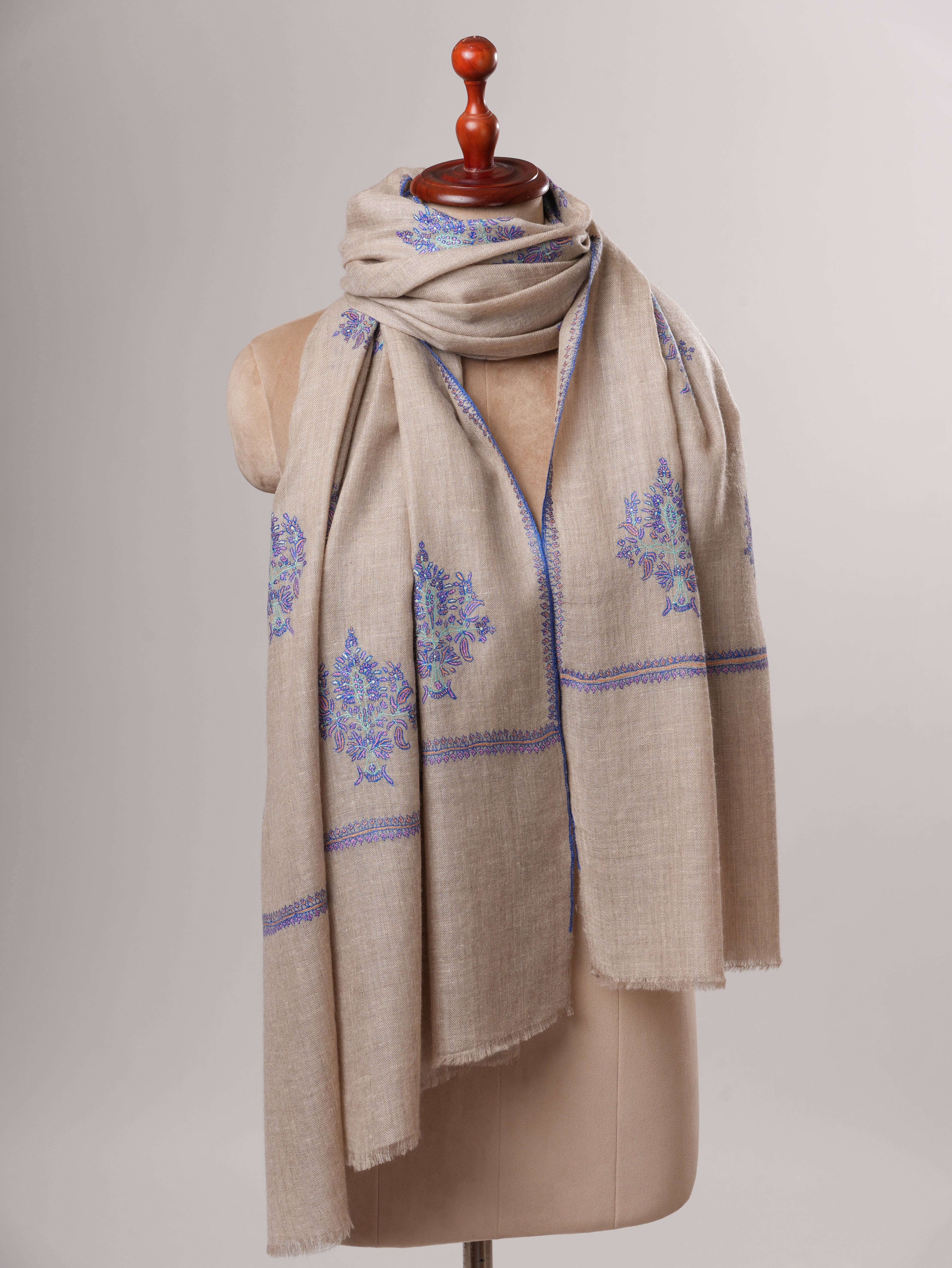 Natural Grey Handwoven Soft Pashmina Shawl with Buteh Embroidery Shahkaar
