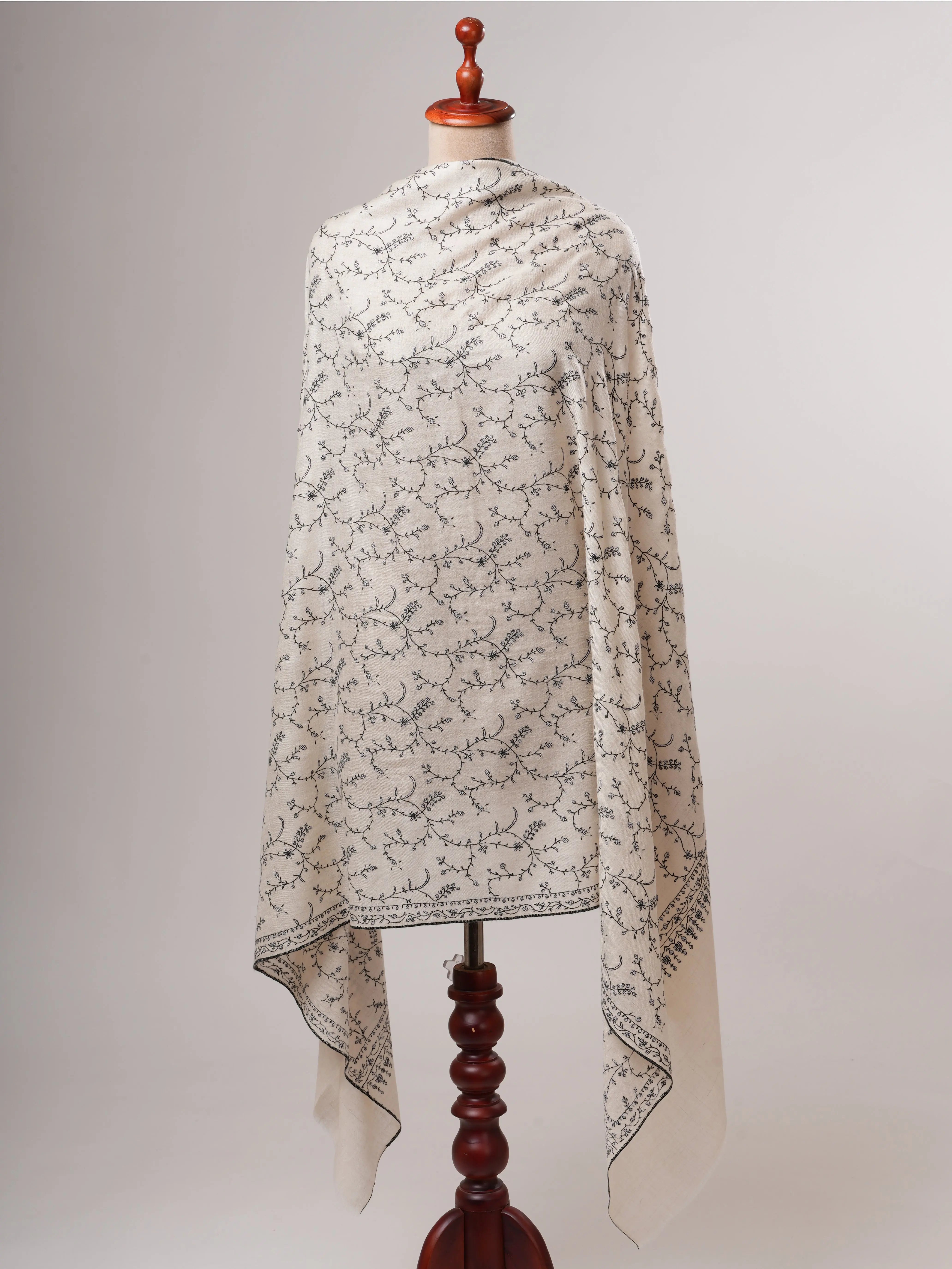 Ivory Kashmiri Pashmina Shawl with Sozni Jali Embroidery Shahkaar