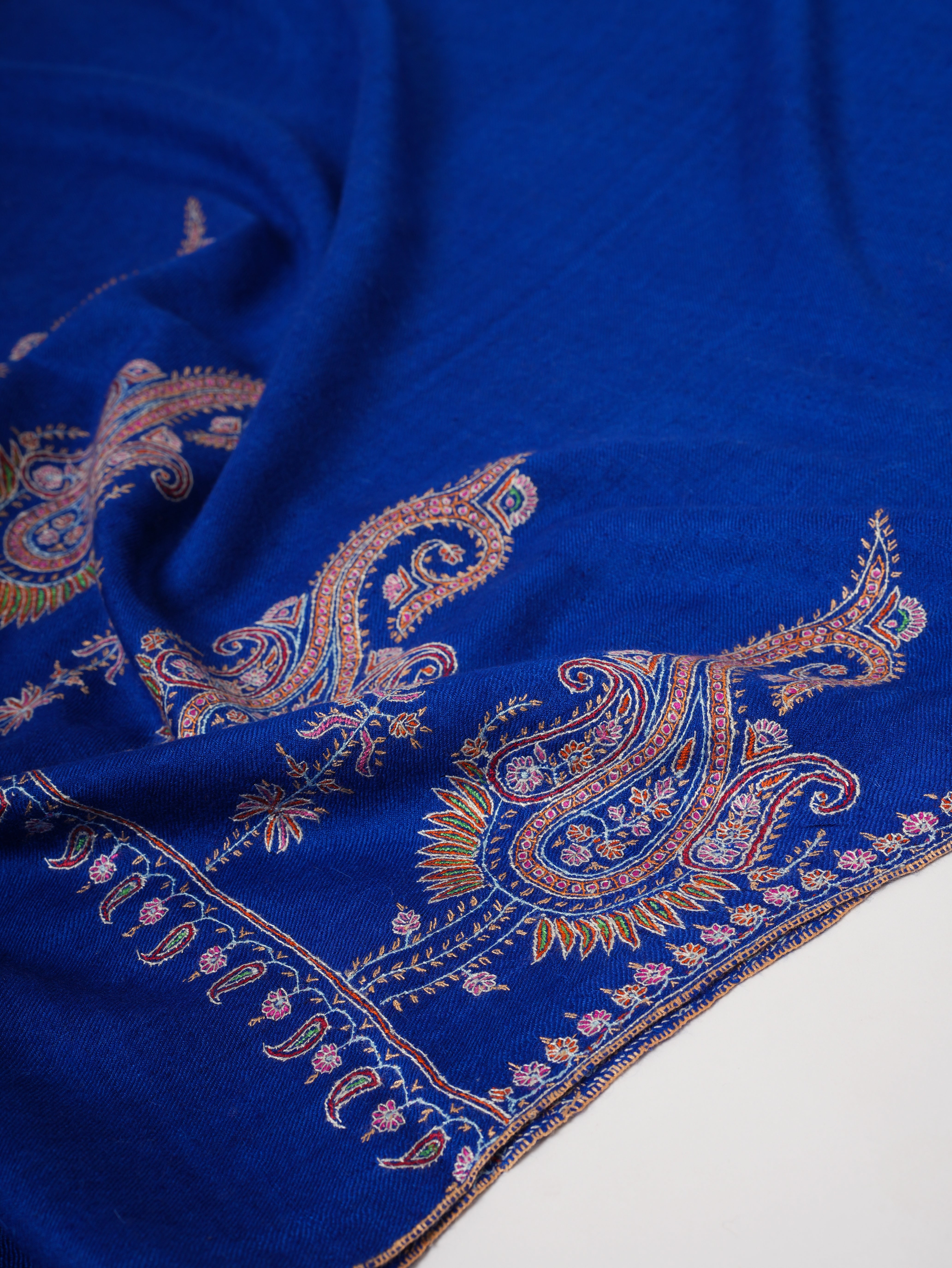 Blue Pure Cashmere Pashmina Scarf with Hand Embroidered Paisley Palla