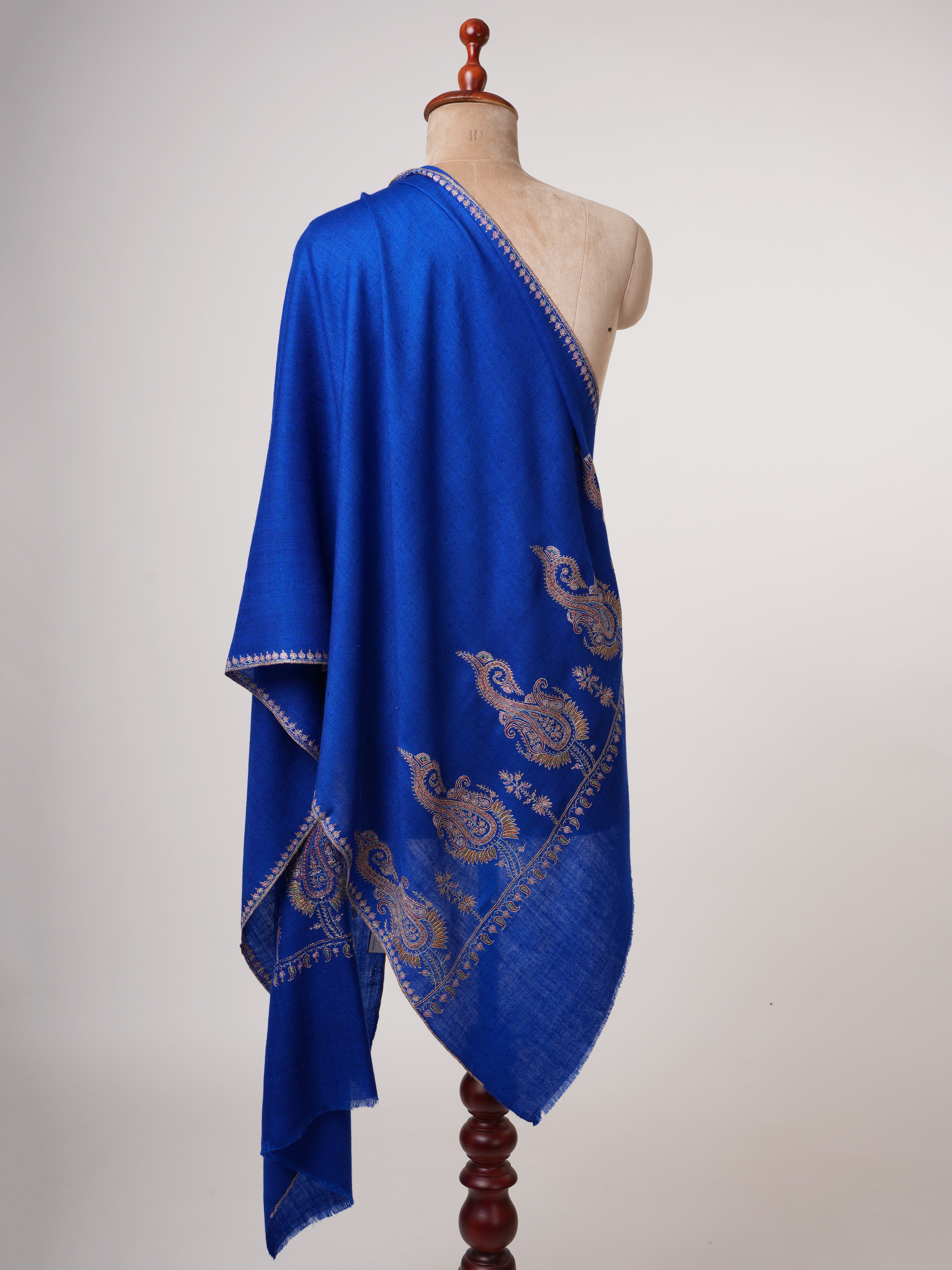 Blue Pure Cashmere Pashmina Scarf with Hand Embroidered Paisley Palla