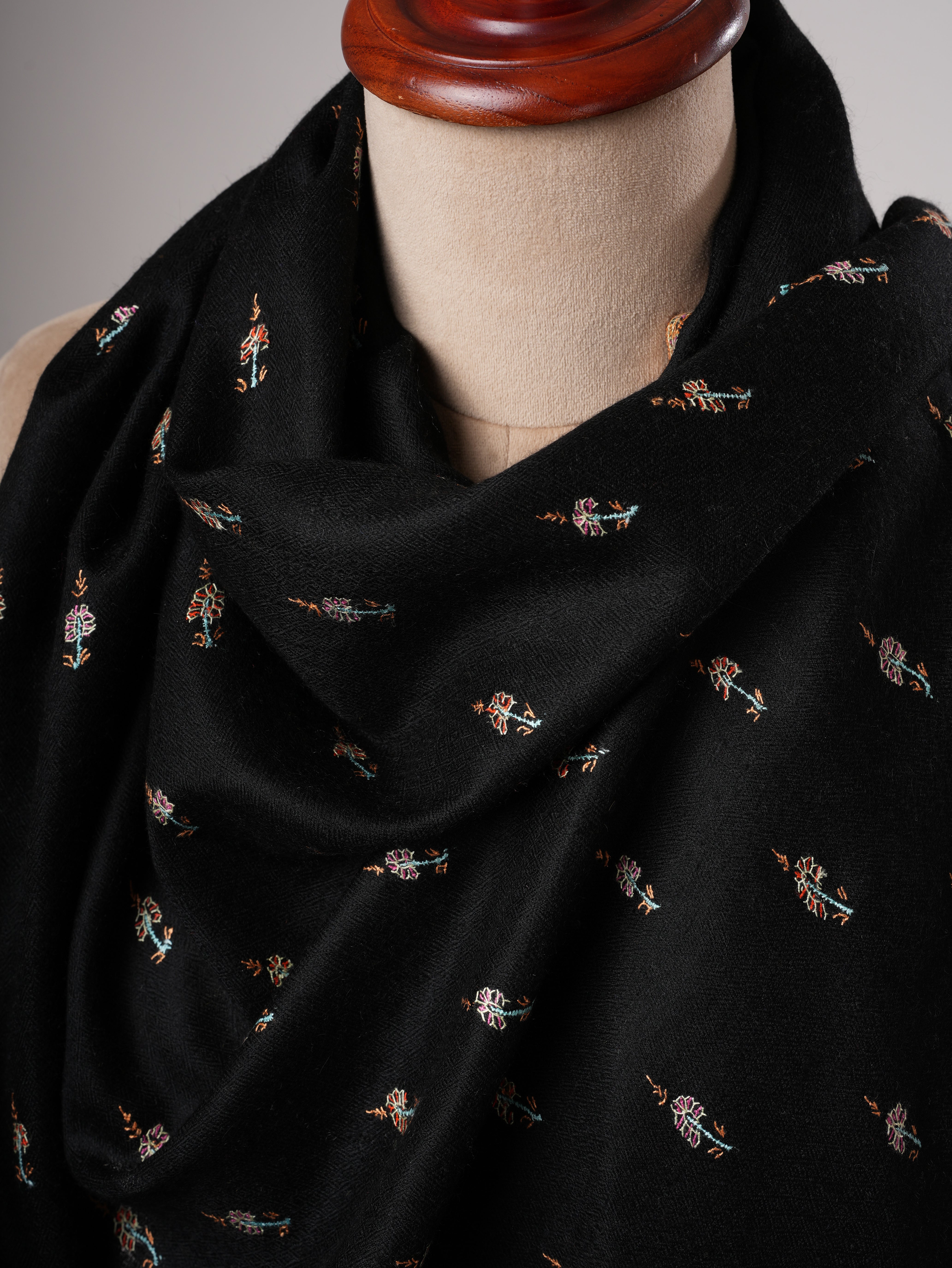 Black Pashmina Shawl with Machie Buteh Hand Embroidery Shahkaar