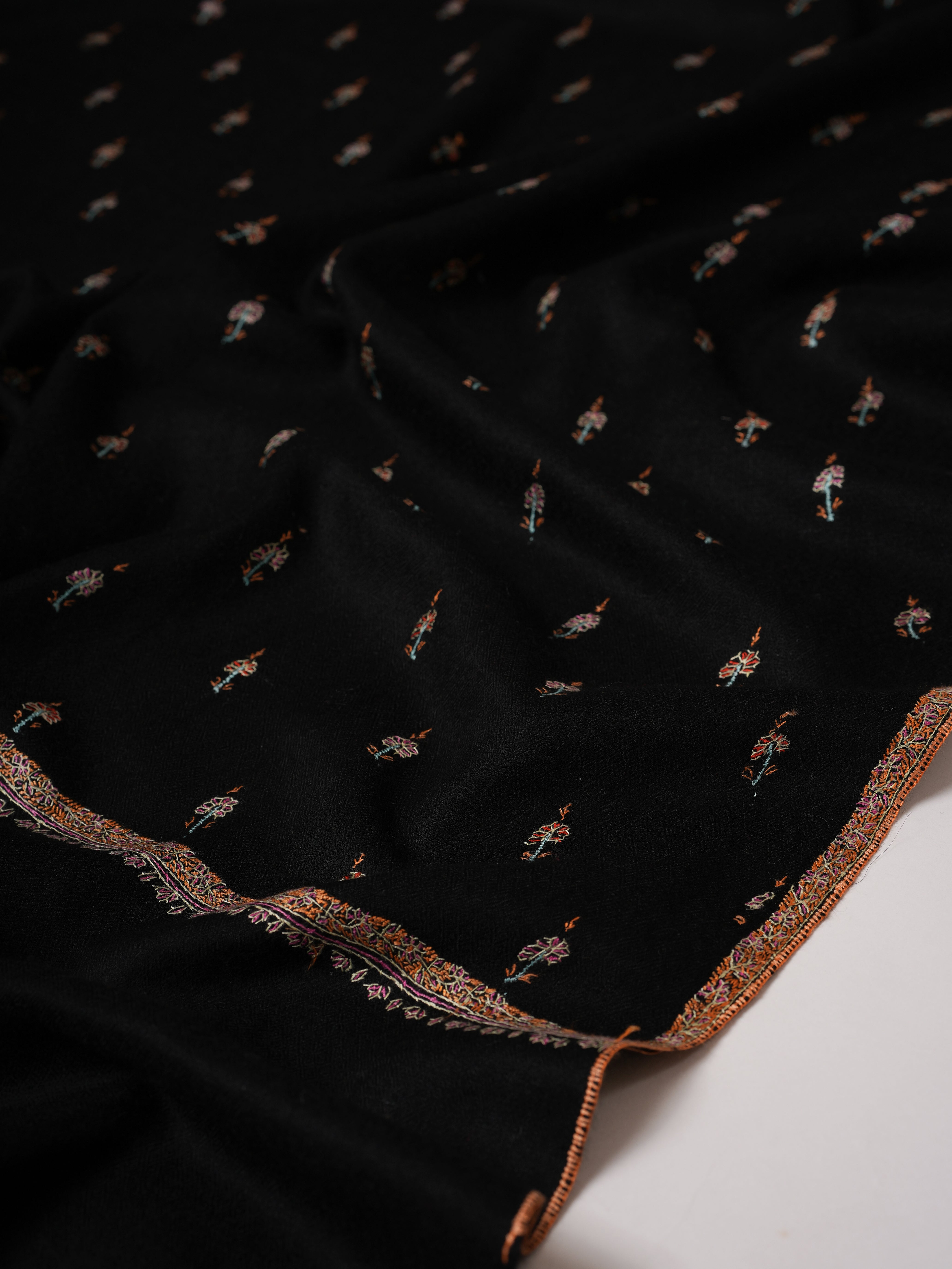 Black Pashmina Shawl with Machie Buteh Hand Embroidery Shahkaar