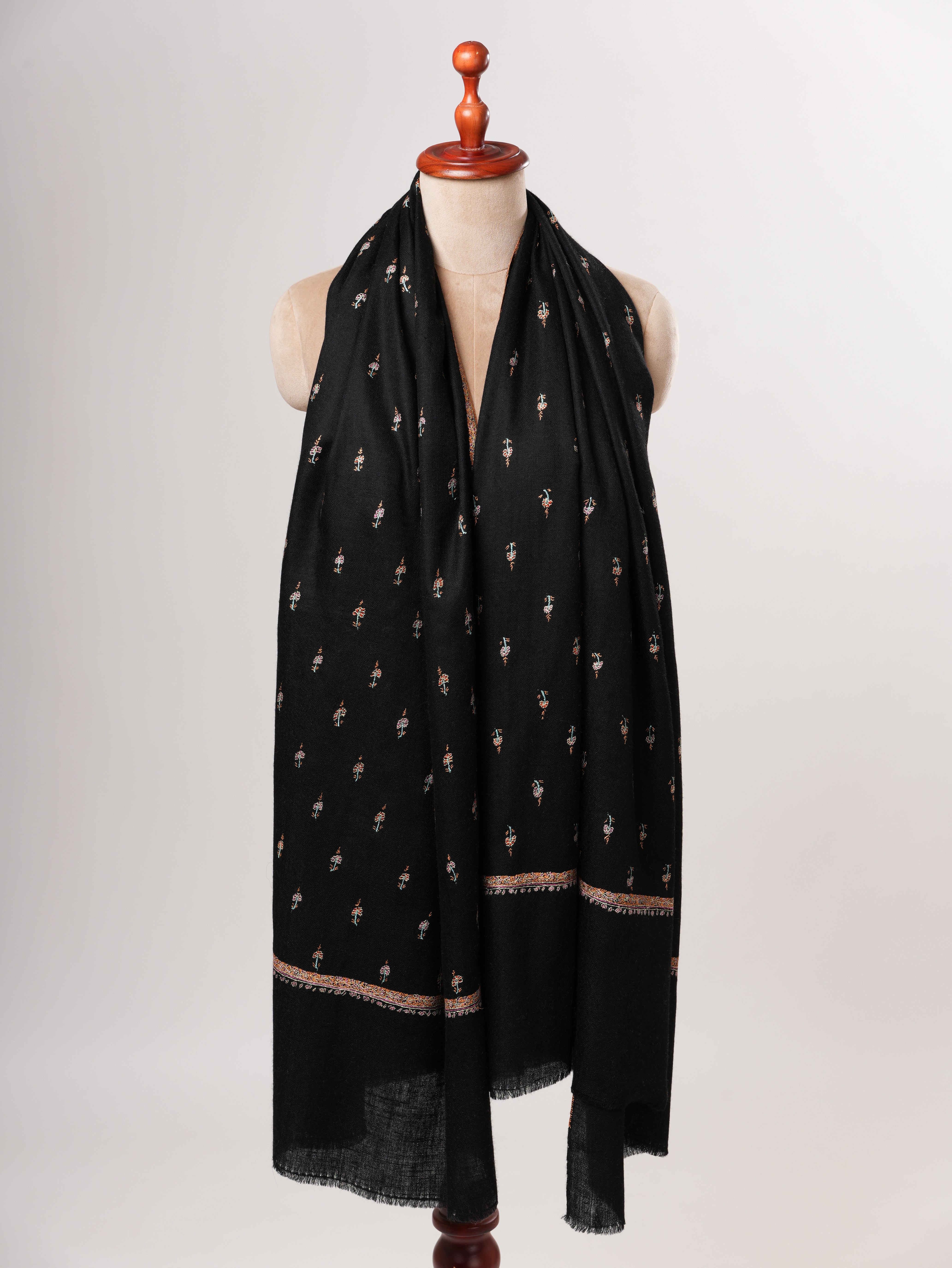 Black Pashmina Shawl with Machie Buteh Hand Embroidery Shahkaar