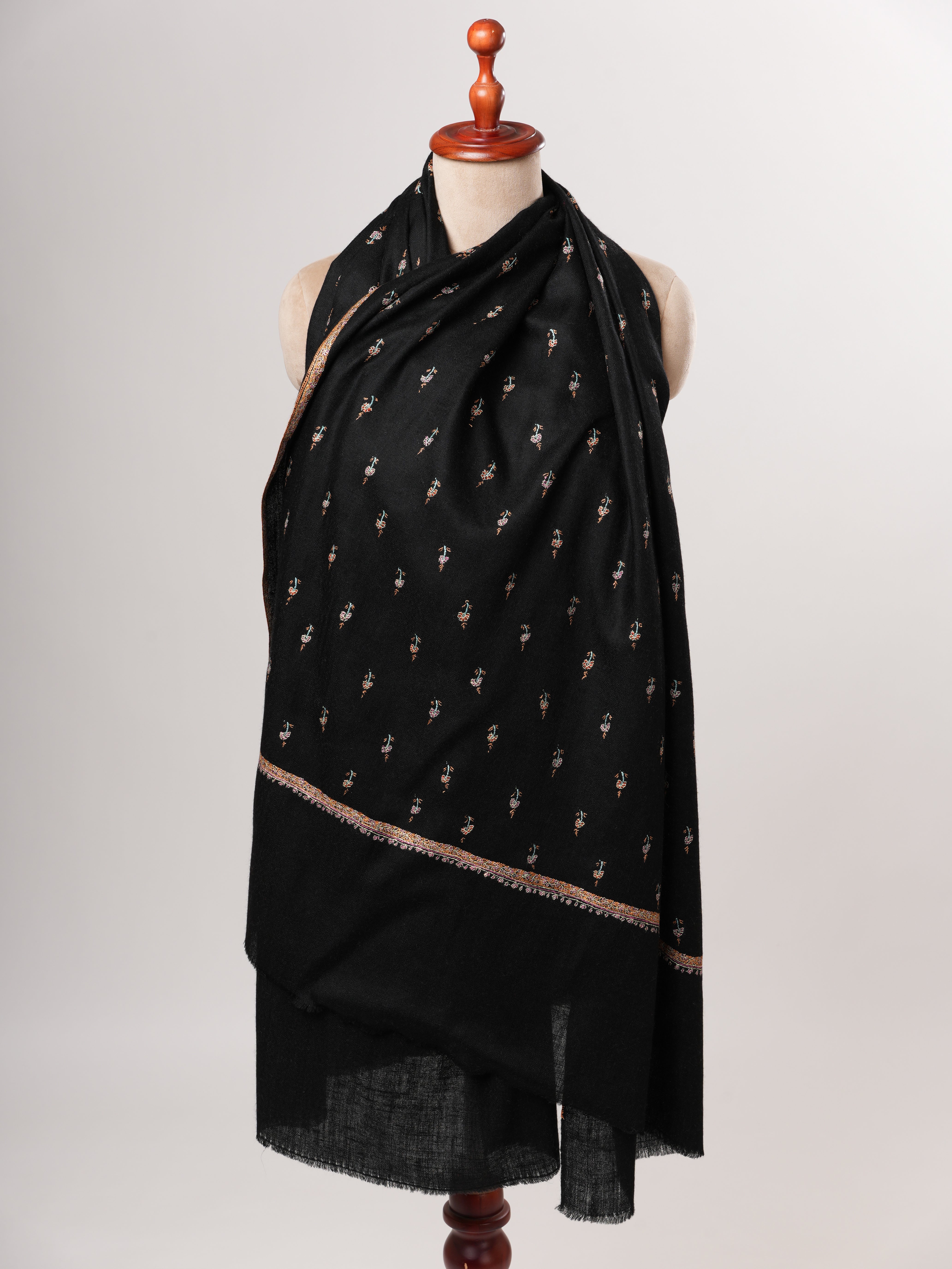 Black Pashmina Shawl with Machie Buteh Hand Embroidery Shahkaar