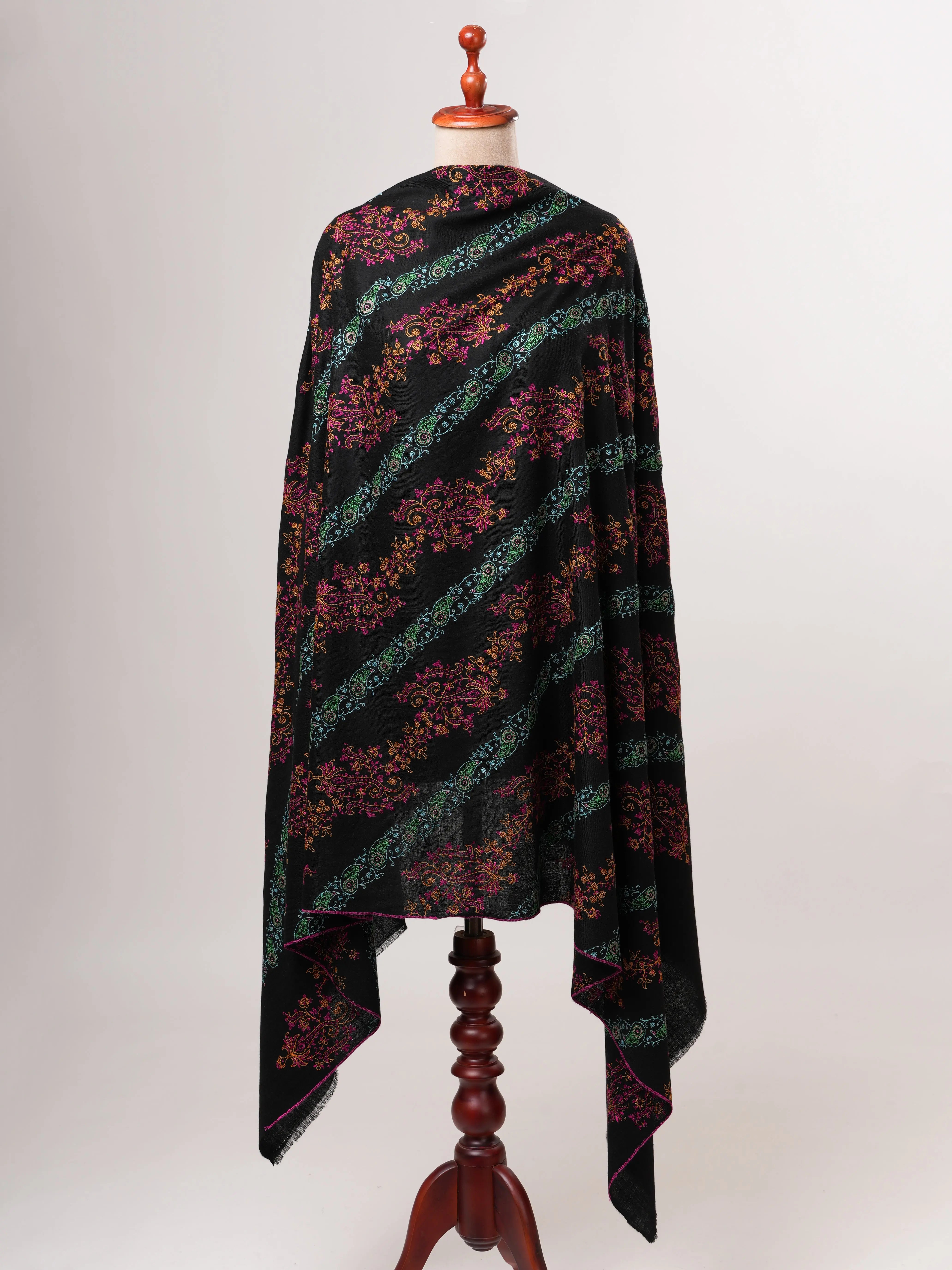 Black Kashmiri Pure Pashmina Shawl with Hand Embroidery Shahkaar