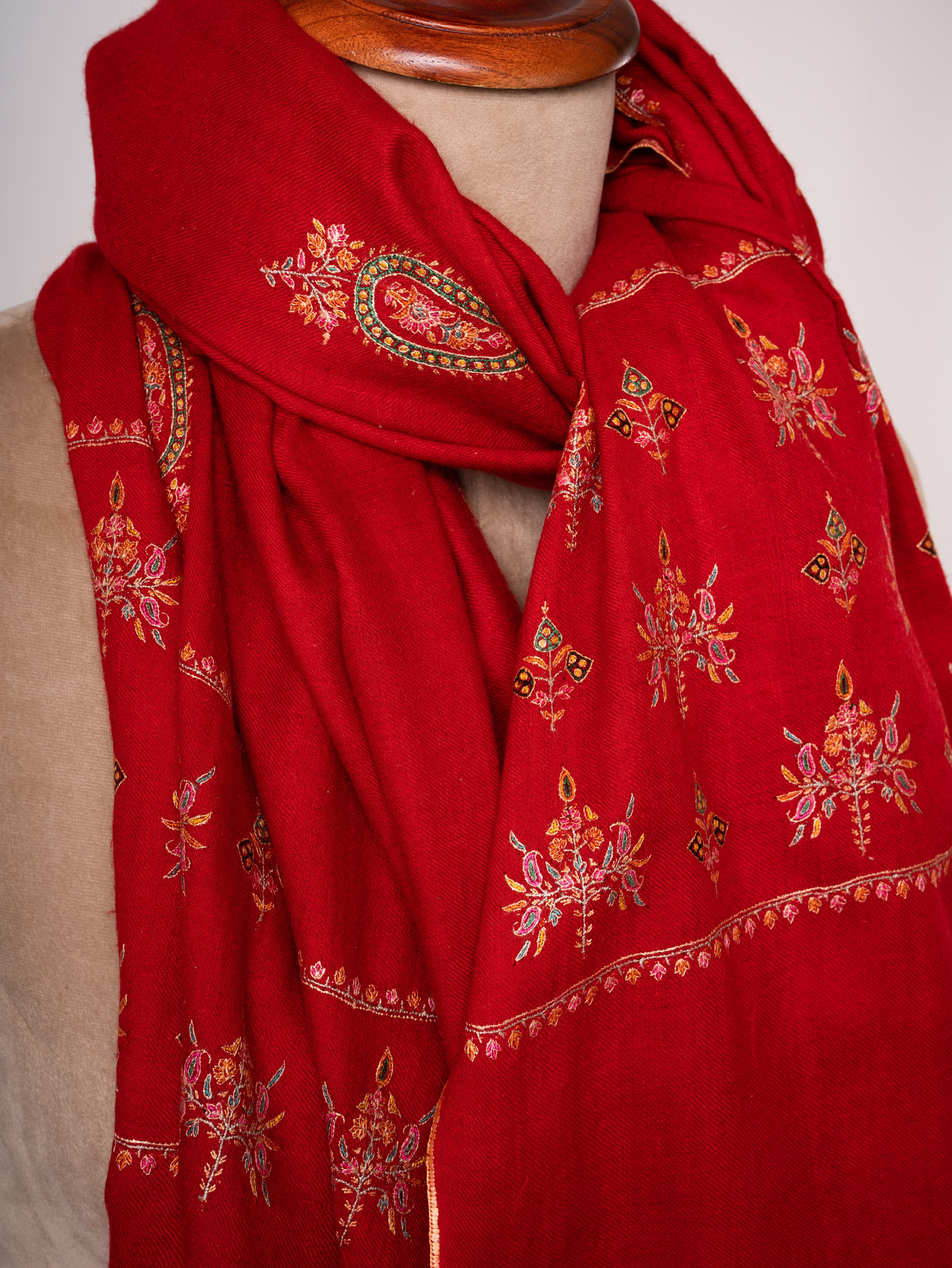 Red Handspun Pashmina Shawl with Mulberry Silk Embroidery - Shahkaar