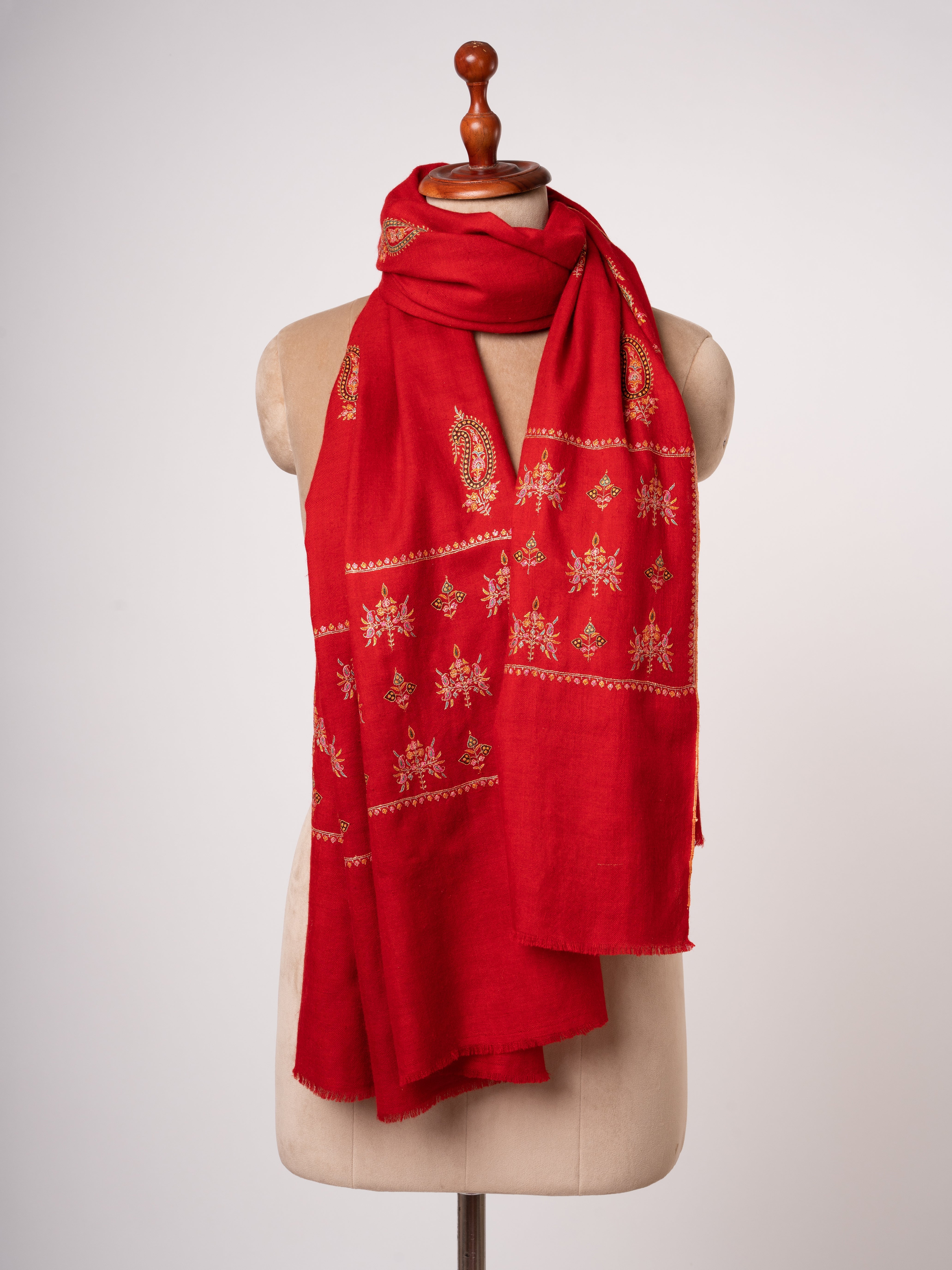 Red Handspun Pashmina Shawl with Mulberry Silk Embroidery - Shahkaar