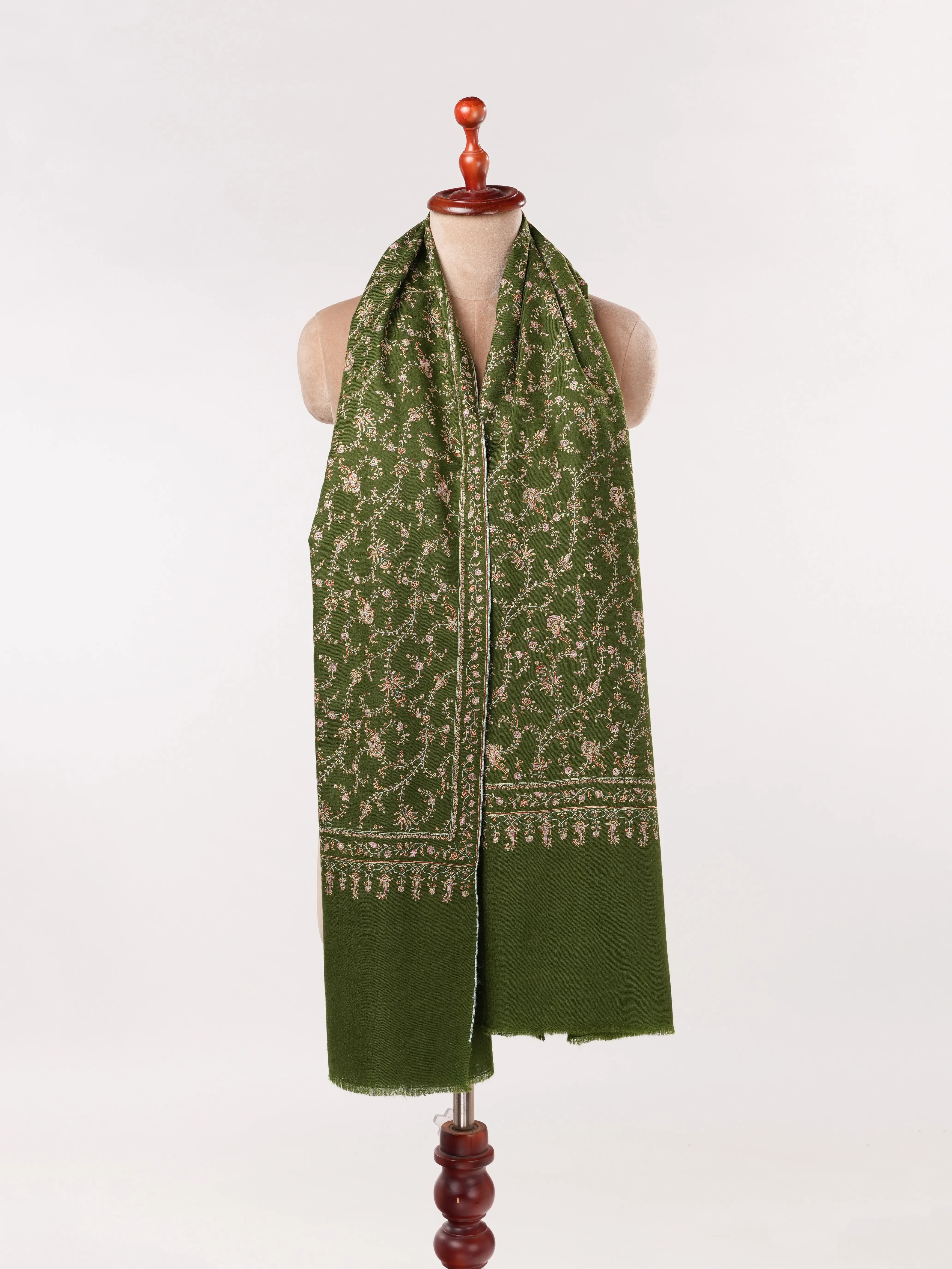 Jali Hand Silk Embroidery on Olive Green Kashmiri Handwoven Pashmina Shawl Shahkaar.com