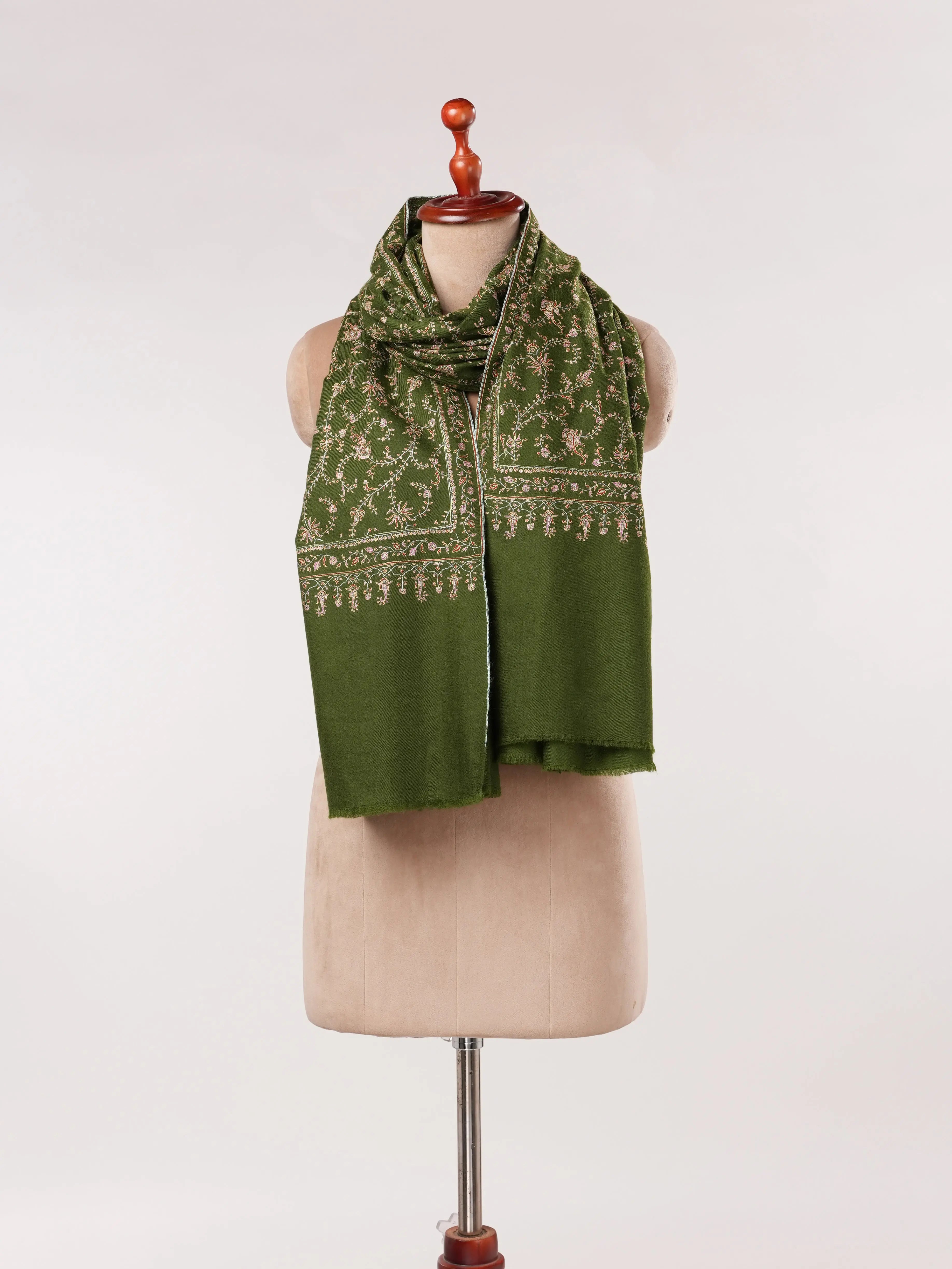 Jali Hand Silk Embroidery on Olive Green Kashmiri Handwoven Pashmina Shawl Shahkaar.com