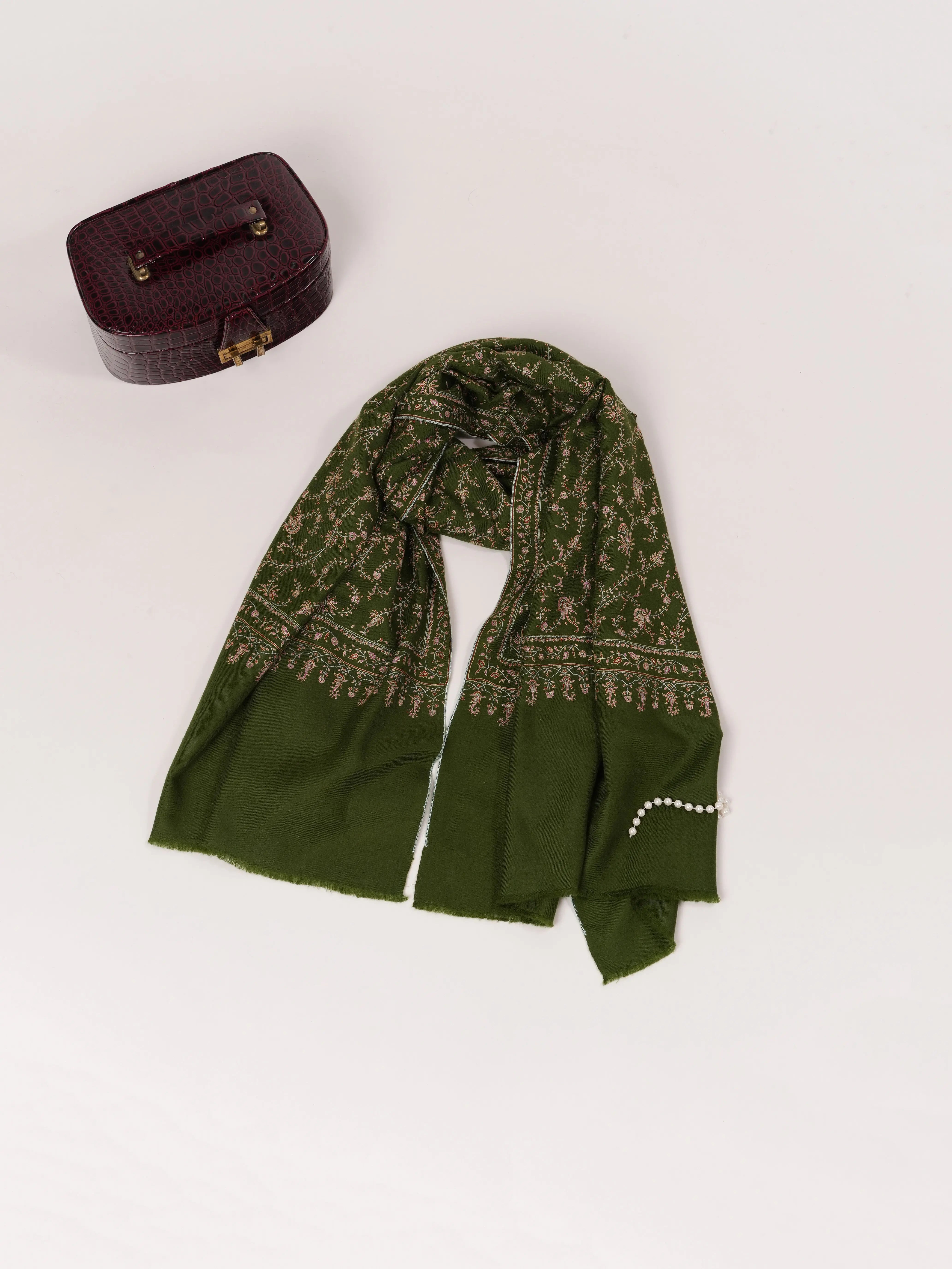 Jali Hand Silk Embroidery on Olive Green Kashmiri Handwoven Pashmina Shawl Shahkaar.com