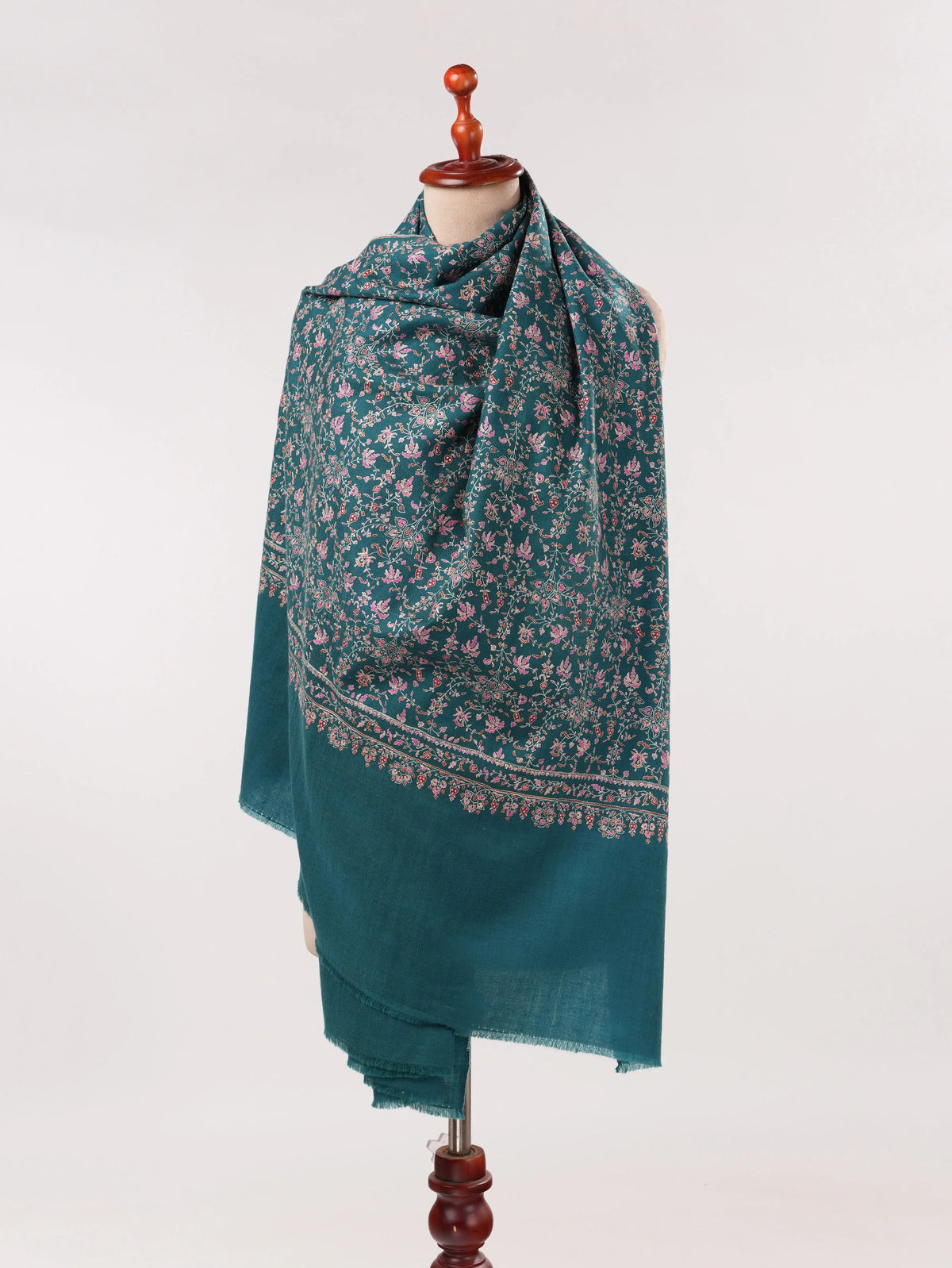 Chinar Jali Hand Silk Embroidery on Peacock Blue Kashmiri Handwoven Pashmina Shawl Shahkaar.com