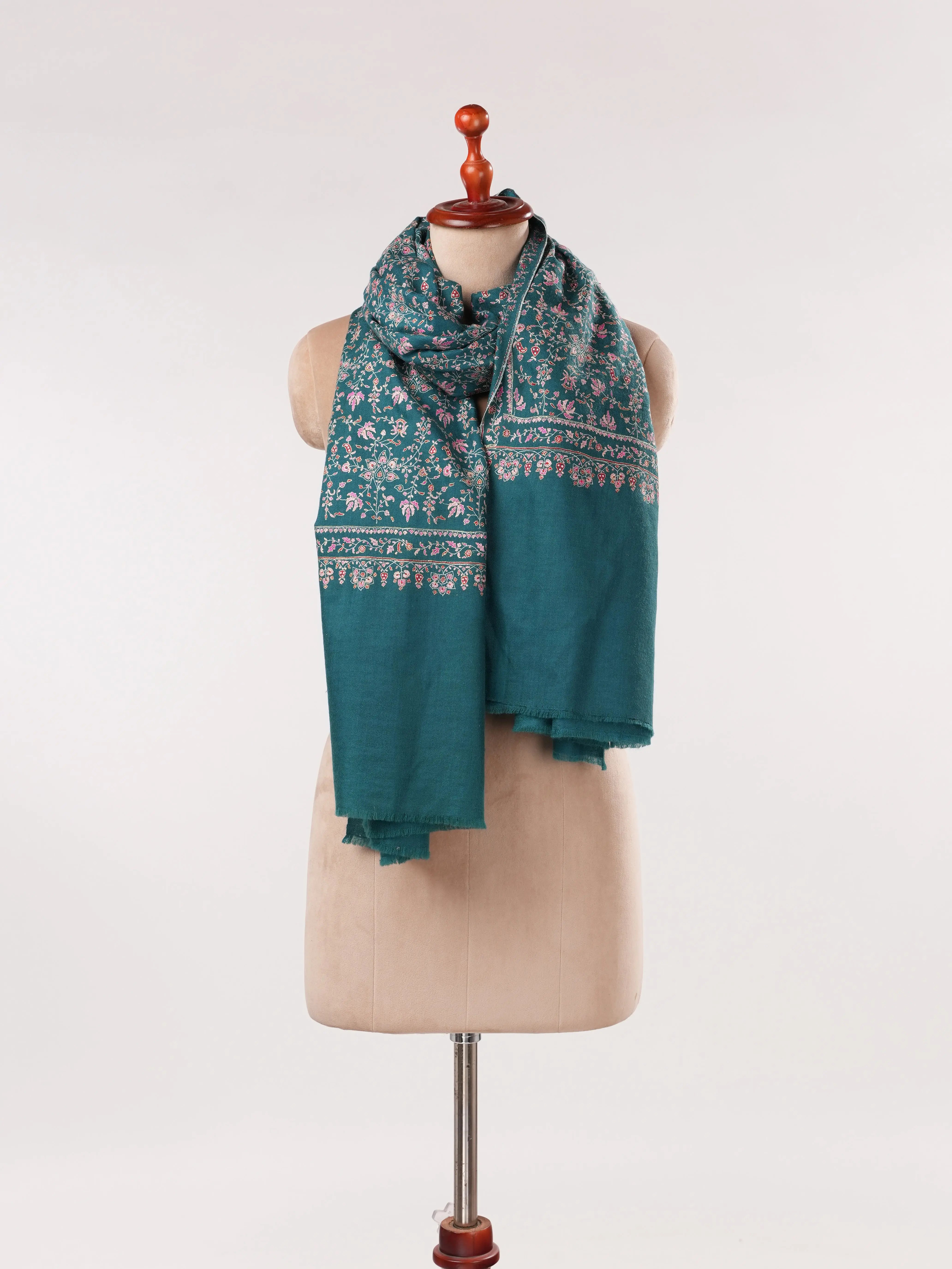 Chinar Jali Hand Silk Embroidery on Peacock Blue Kashmiri Handwoven Pashmina Shawl Shahkaar.com