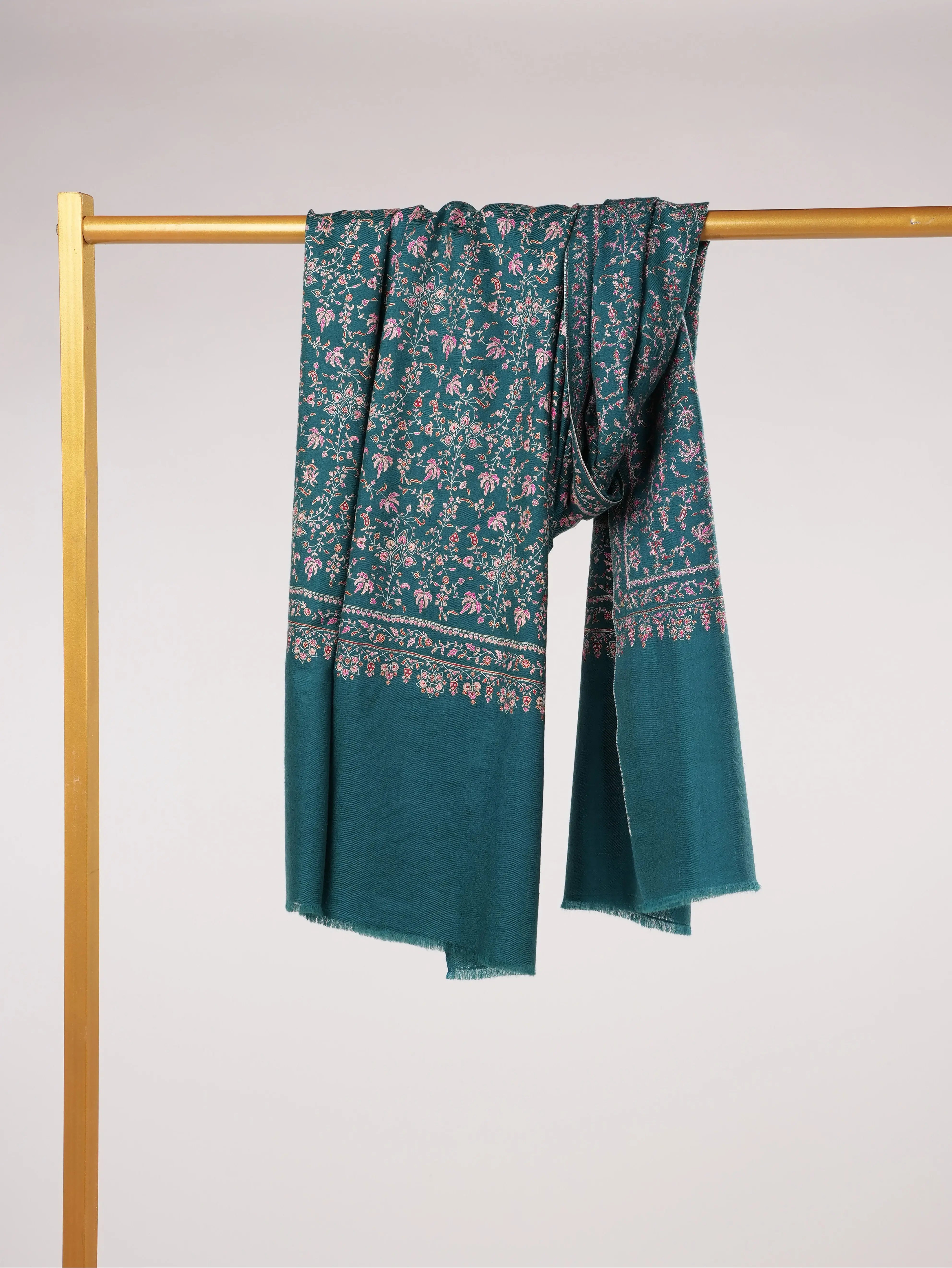 Chinar Jali Hand Silk Embroidery on Peacock Blue Kashmiri Handwoven Pashmina Shawl Shahkaar.com