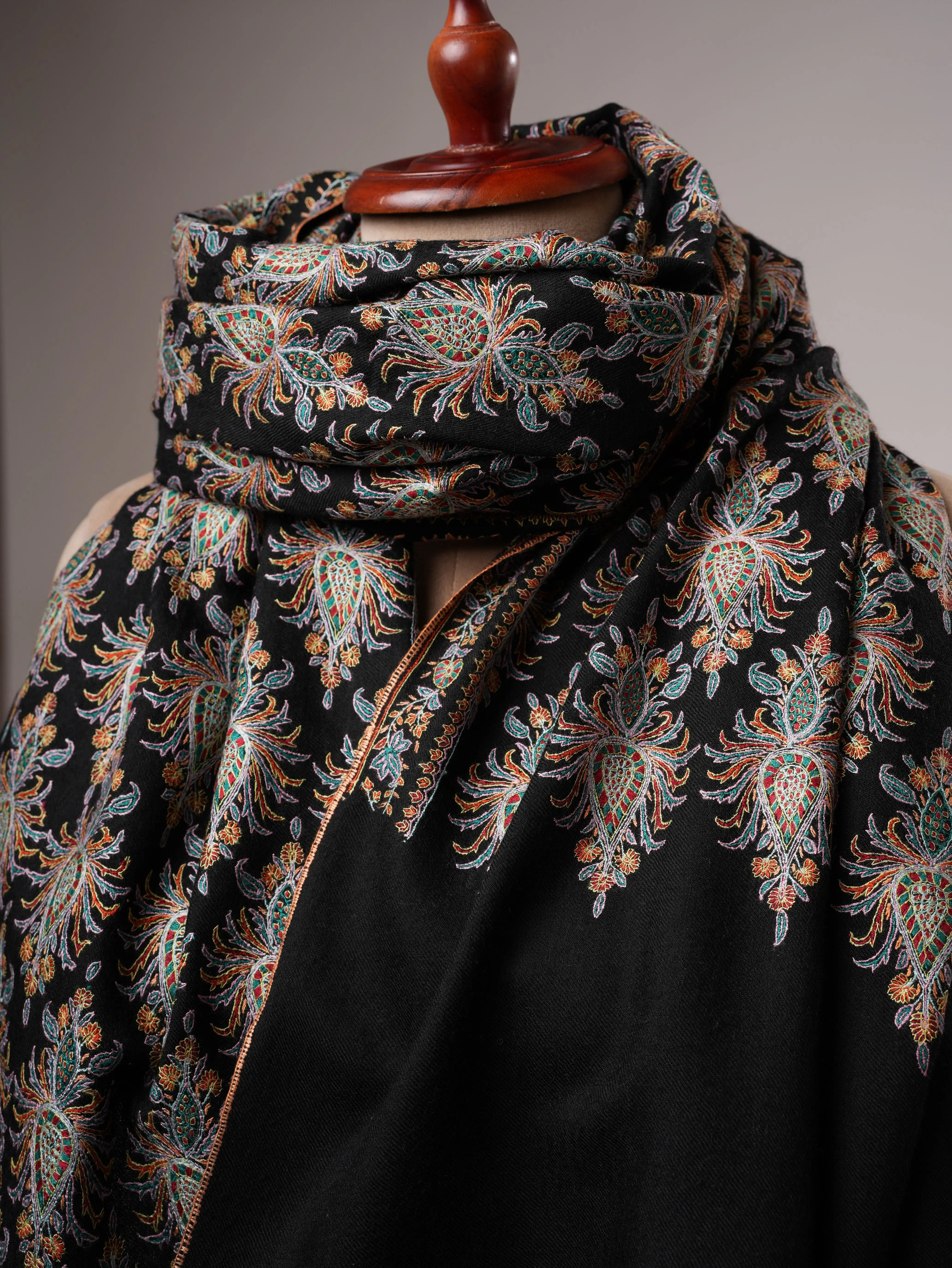 Black Hand-Embroidered Neem Jamavar Pashmina Shawl Shahkaar