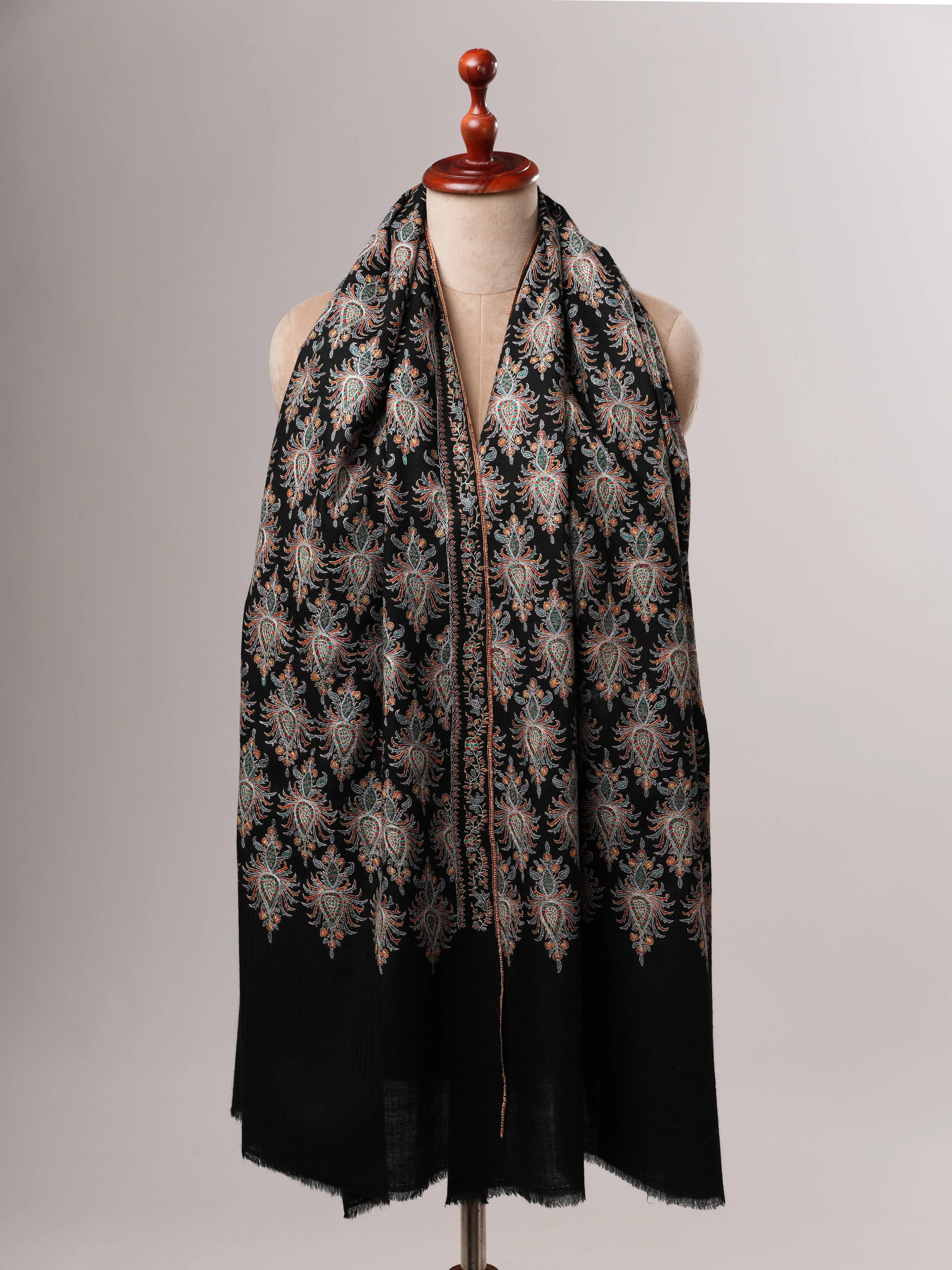 Black Hand-Embroidered Neem Jamavar Pashmina Shawl Shahkaar