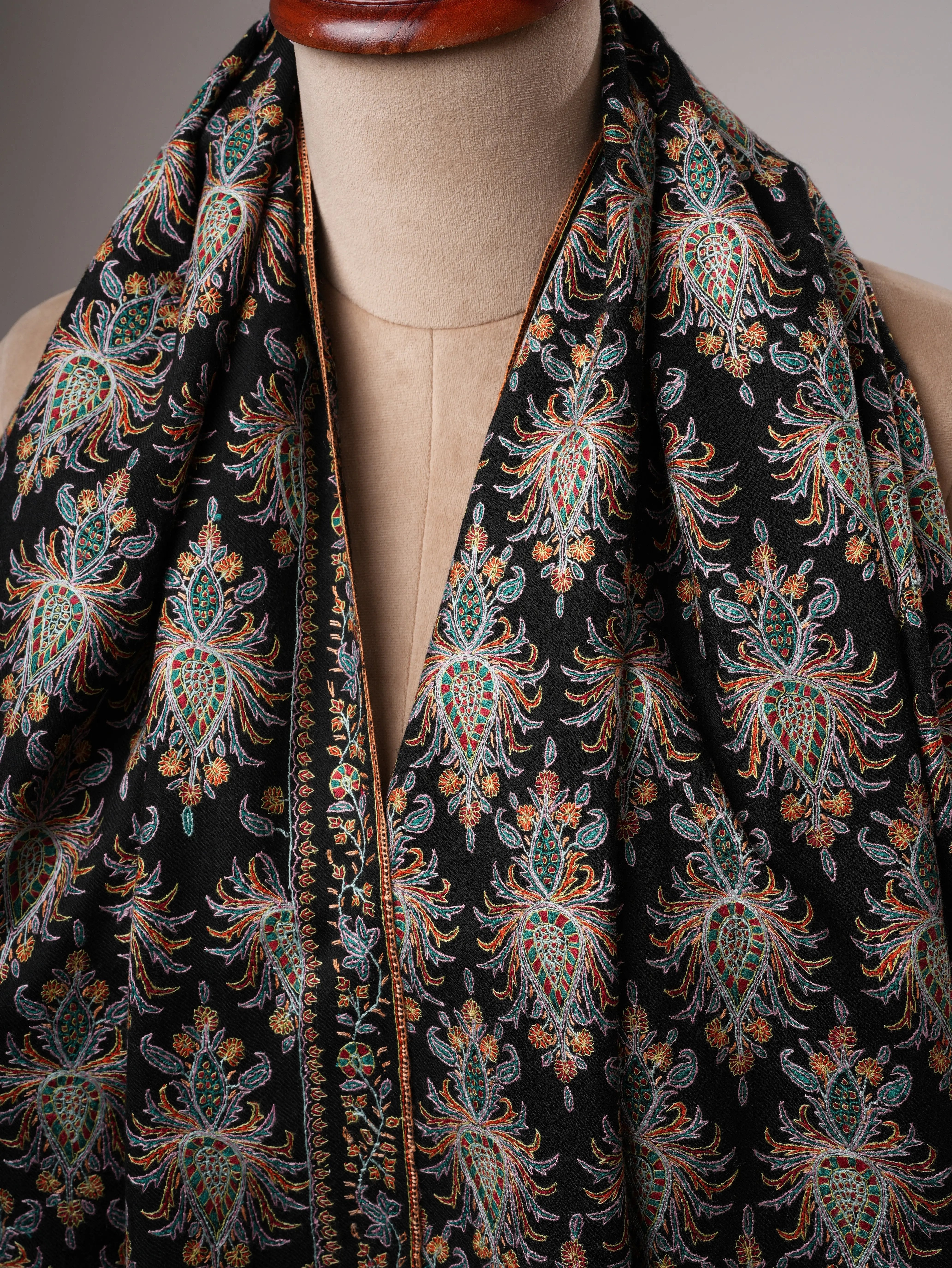 Black Hand-Embroidered Neem Jamavar Pashmina Shawl Shahkaar