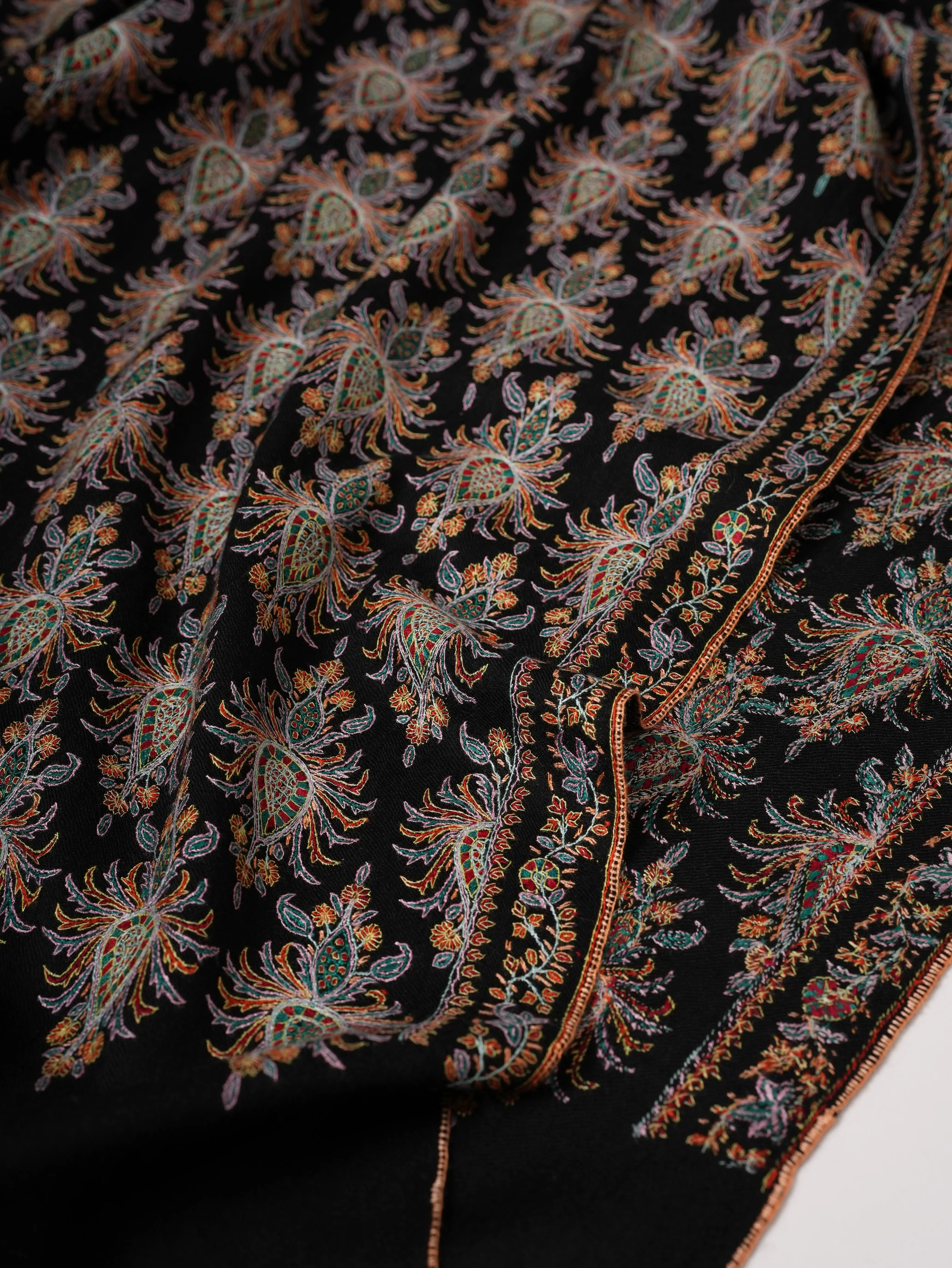 Black Hand-Embroidered Neem Jamavar Pashmina Shawl Shahkaar