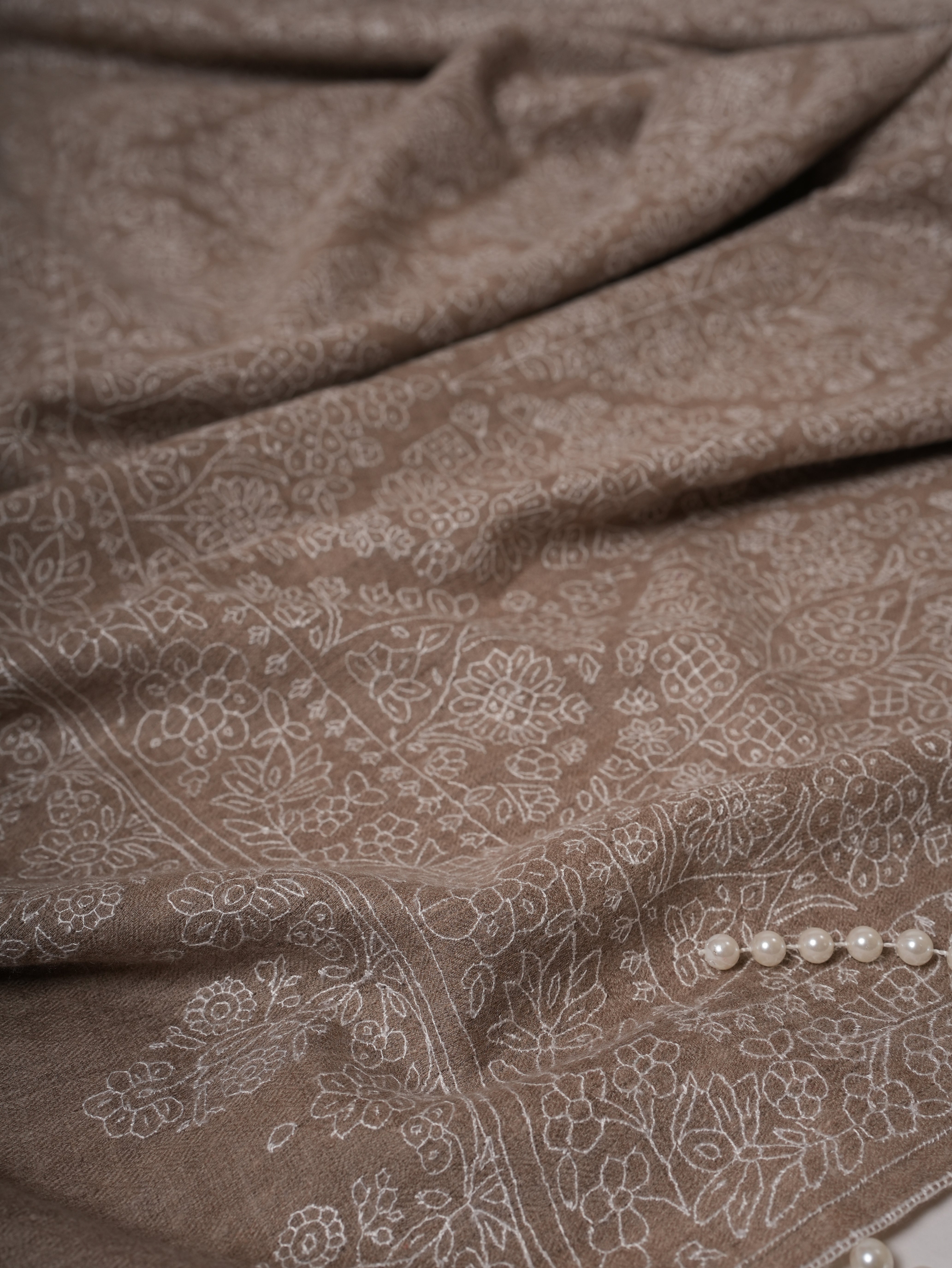 Natural Grey Pashmina Shawl with Jamavar All-Over White Embroidery Shahkaar