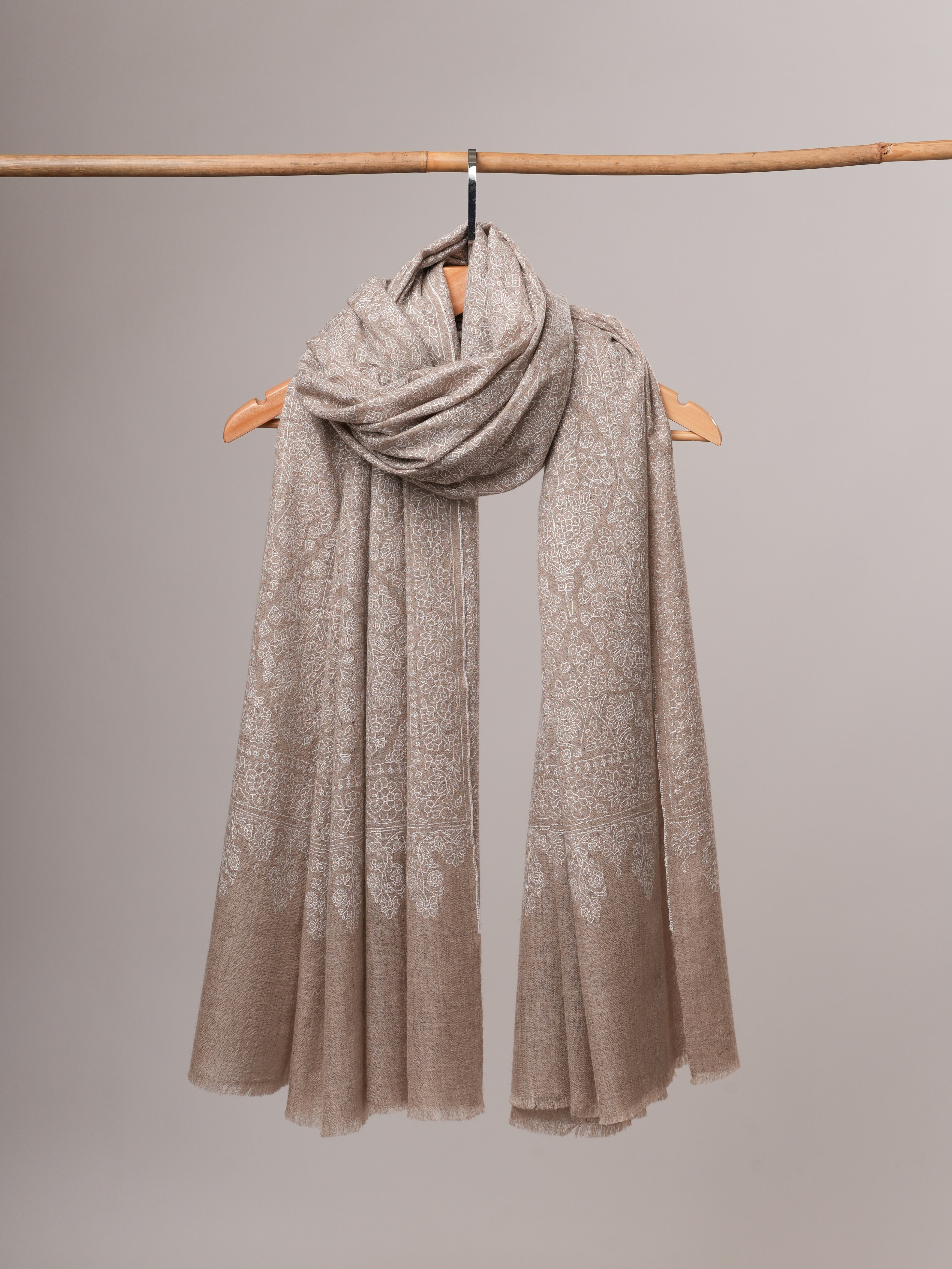 Natural Grey Pashmina Shawl with Jamavar All-Over White Embroidery Shahkaar