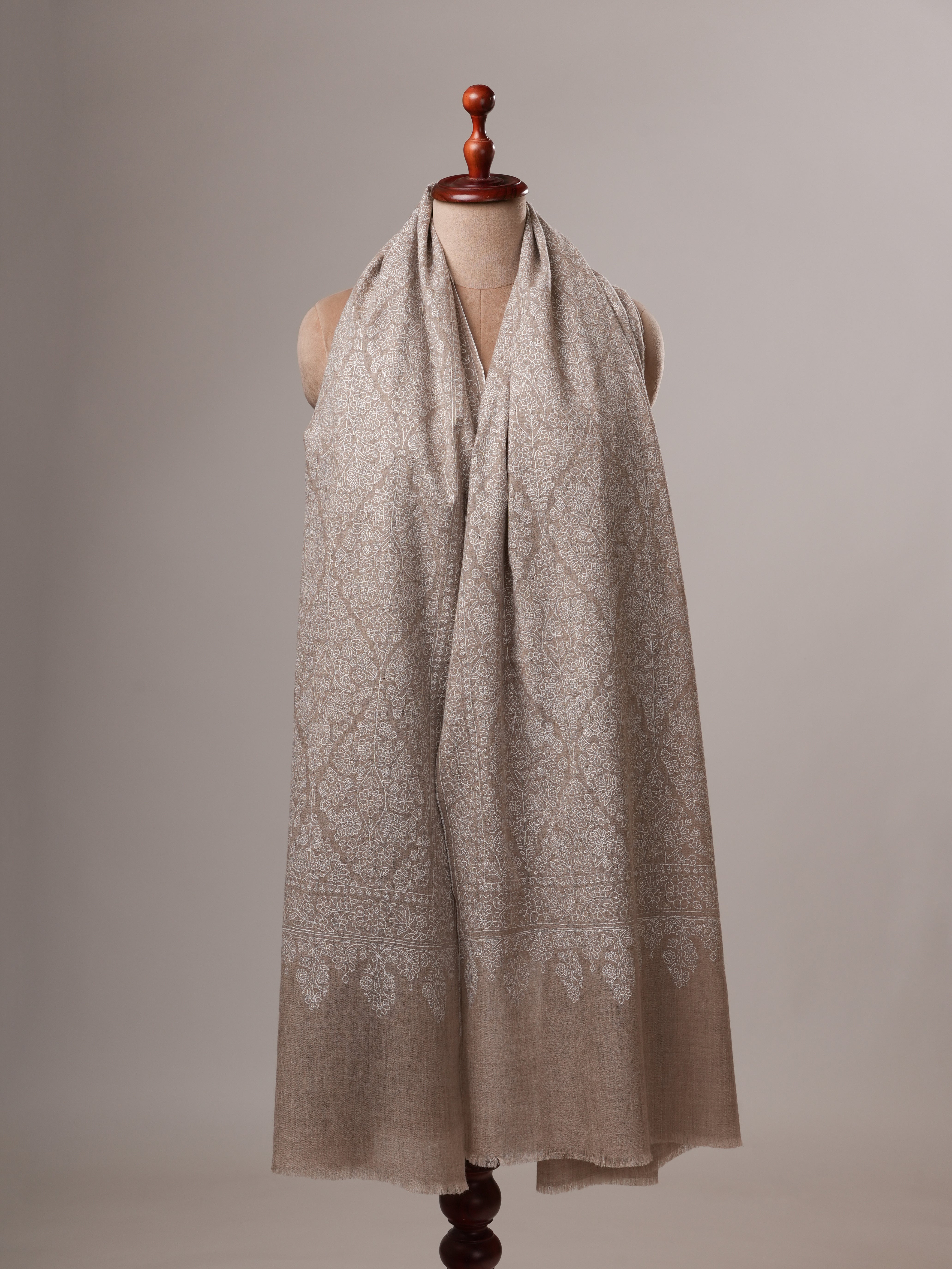 Natural Grey Pashmina Shawl with Jamavar All-Over White Embroidery Shahkaar