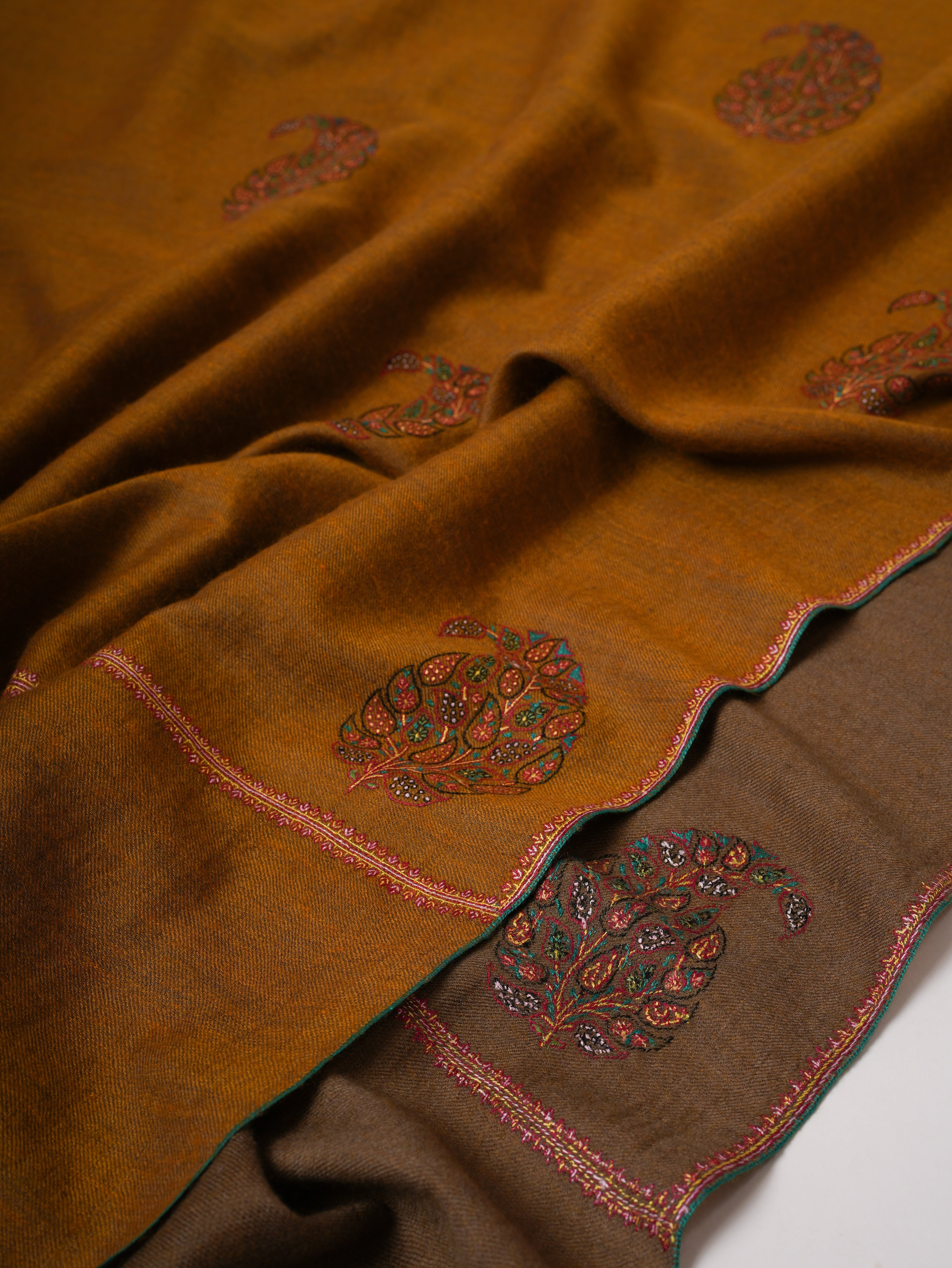 Dual Tone Handwoven Pashmina Shawl with Hand Embroidered Buteh Shahkaar