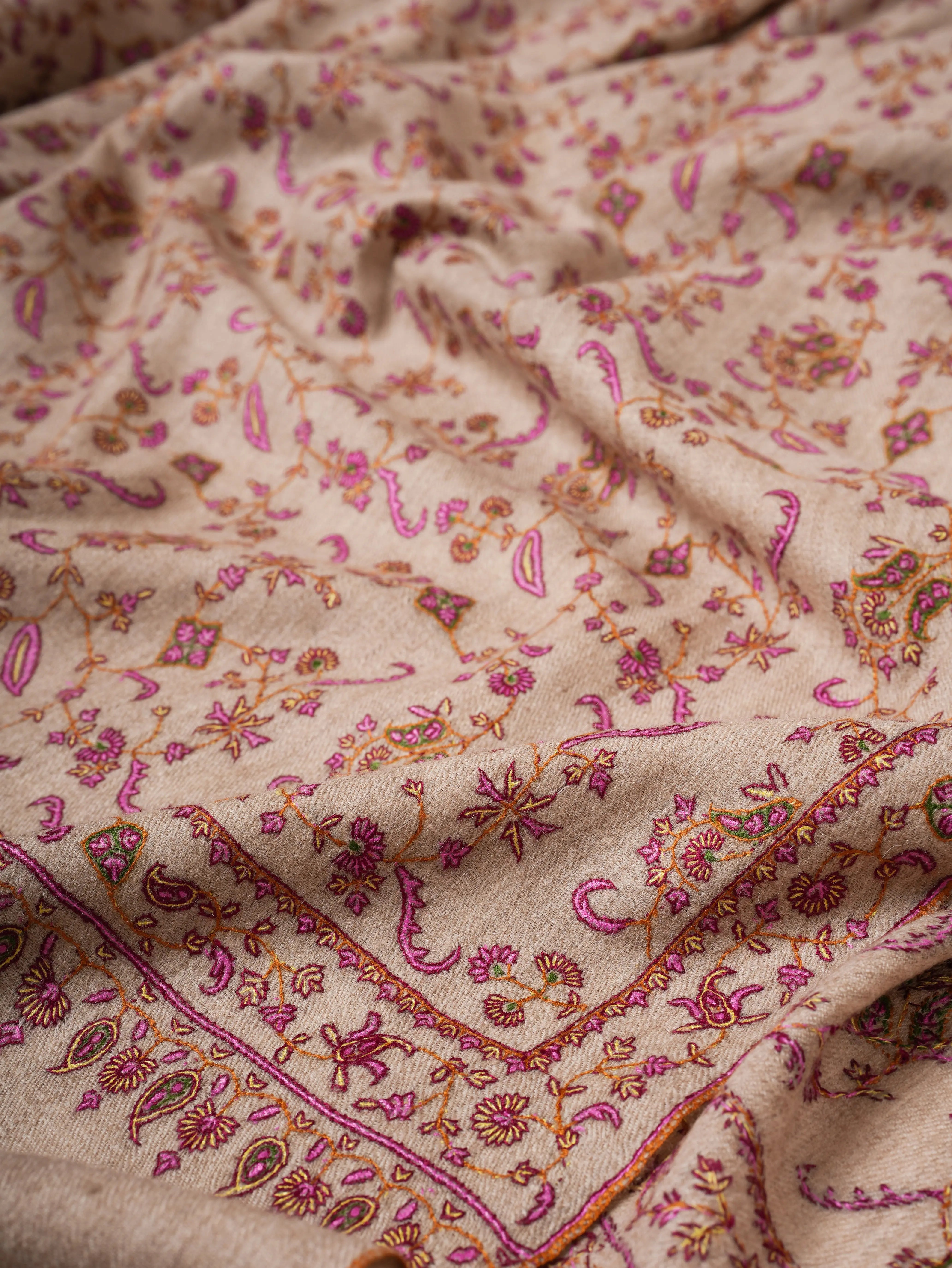 Natural Grey Sozni Hand Embroidered Pashmina Shawl Shahkaar