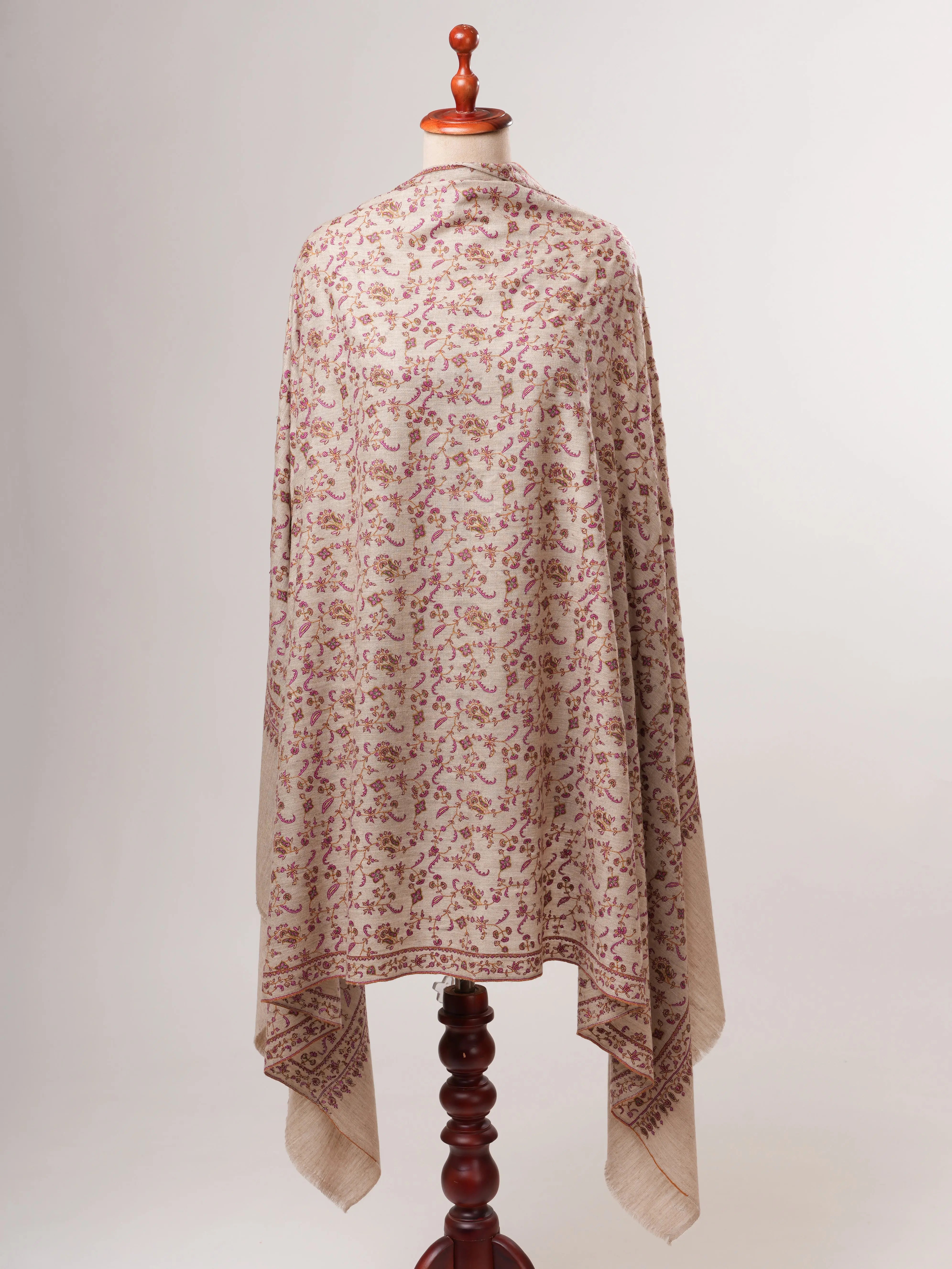 Natural Grey Sozni Hand Embroidered Pashmina Shawl Shahkaar