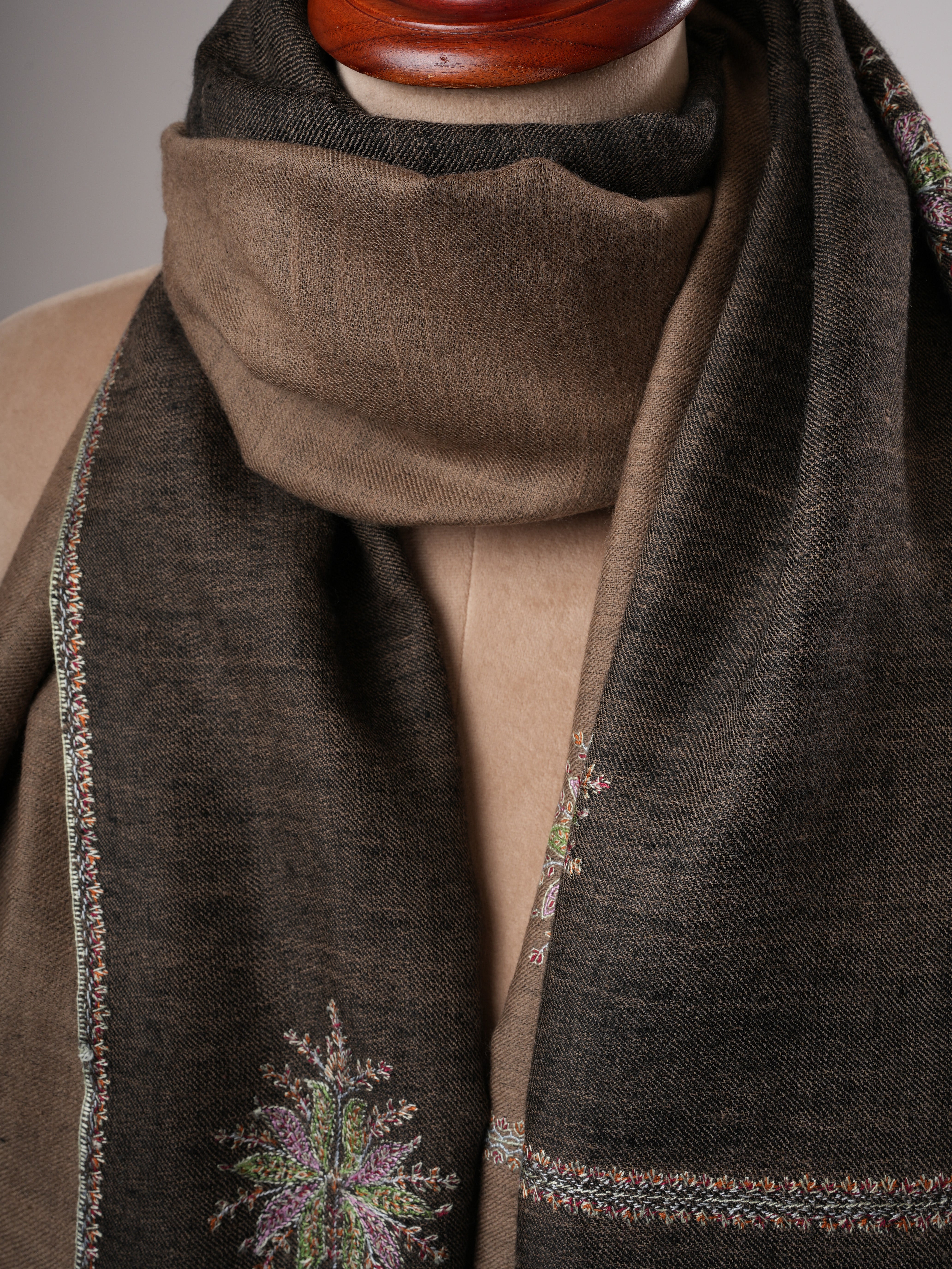 Toosh Brown and  Black Pashmina Shawl with Hand Embroidered Buteh Shahkaar