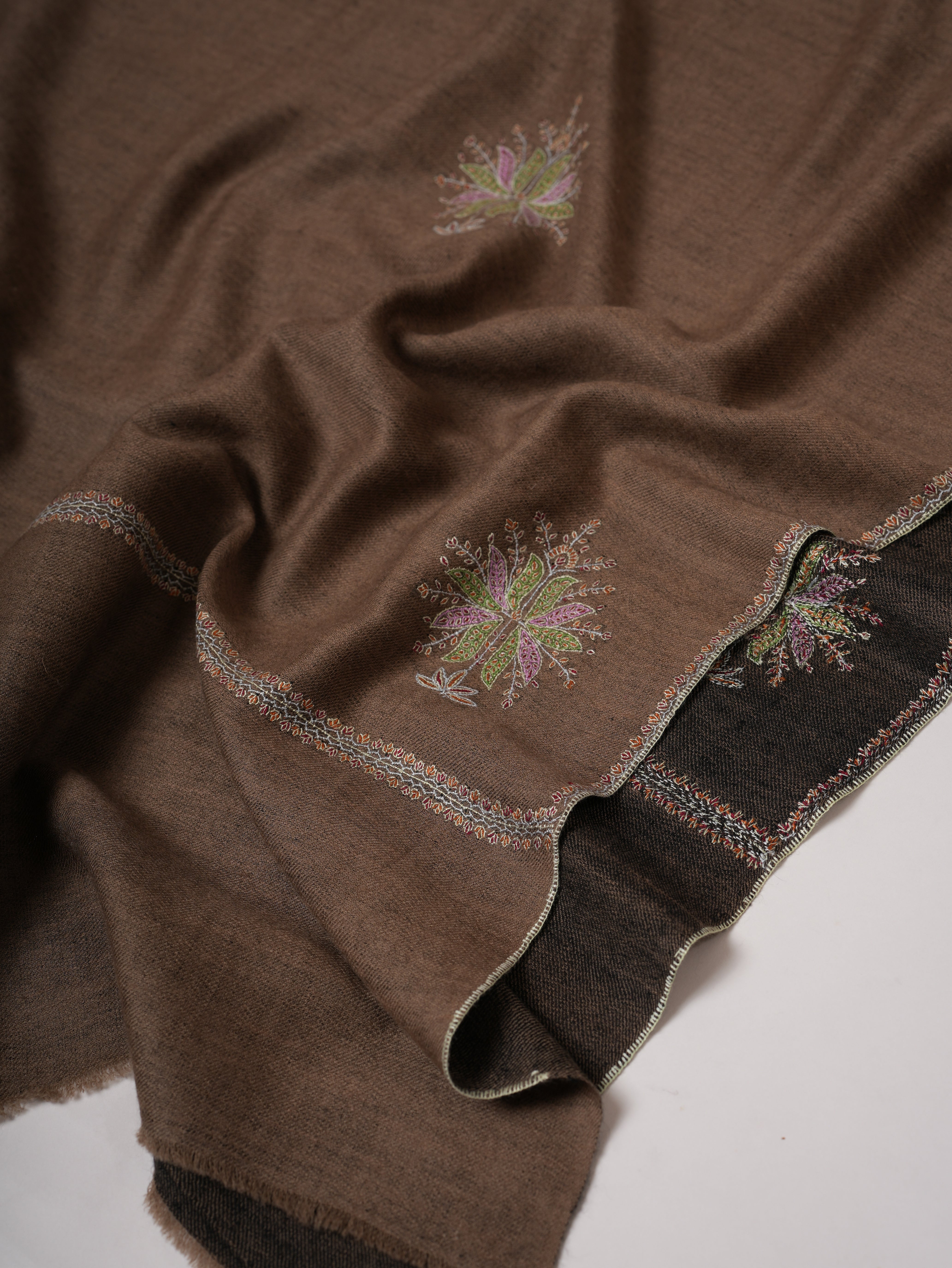 Toosh Brown and  Black Pashmina Shawl with Hand Embroidered Buteh Shahkaar